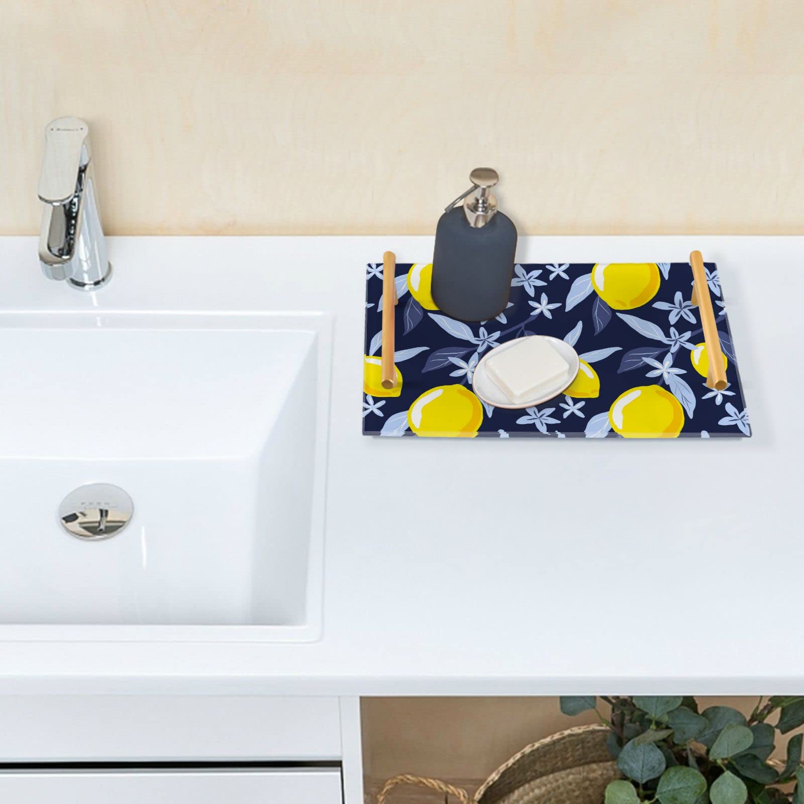Yellow Lemons Vanity Tray with Gold Handles - Floral Leaf Decorative Tray for Perfume, Jewelry & Coffee - Makeup Organizer for Dresser, Bedroom & Kitchen - Perfect for Home Decor & Gift Giving