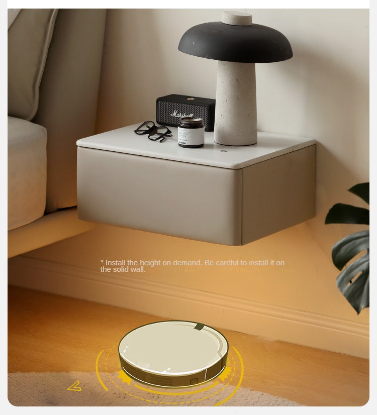 Organic Leather Floating Nightstand - Wall Mounted Cream Rock Board Shelf for Bedroom, Living Room & Office - Modern Minimalist Storage Solution