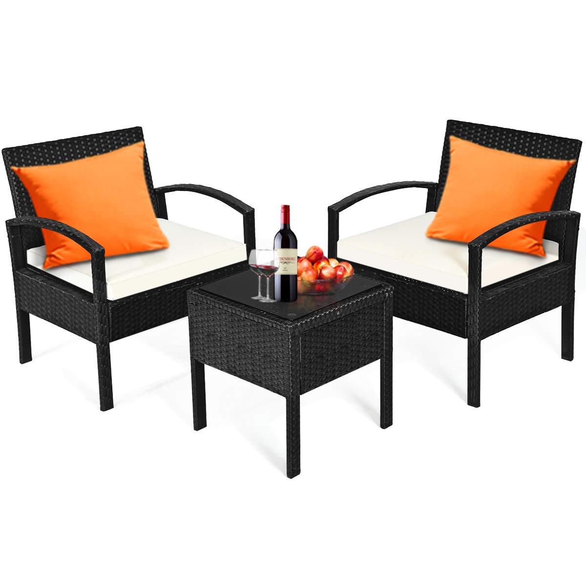 Caroliner 3-Piece Outdoor Patio Furniture Set - White Wicker Rattan Bistro Set with Cushions & Glass Coffee Table - Perfect for Front Porch, Balcony, Backyard, Garden, and Lawn Relaxation