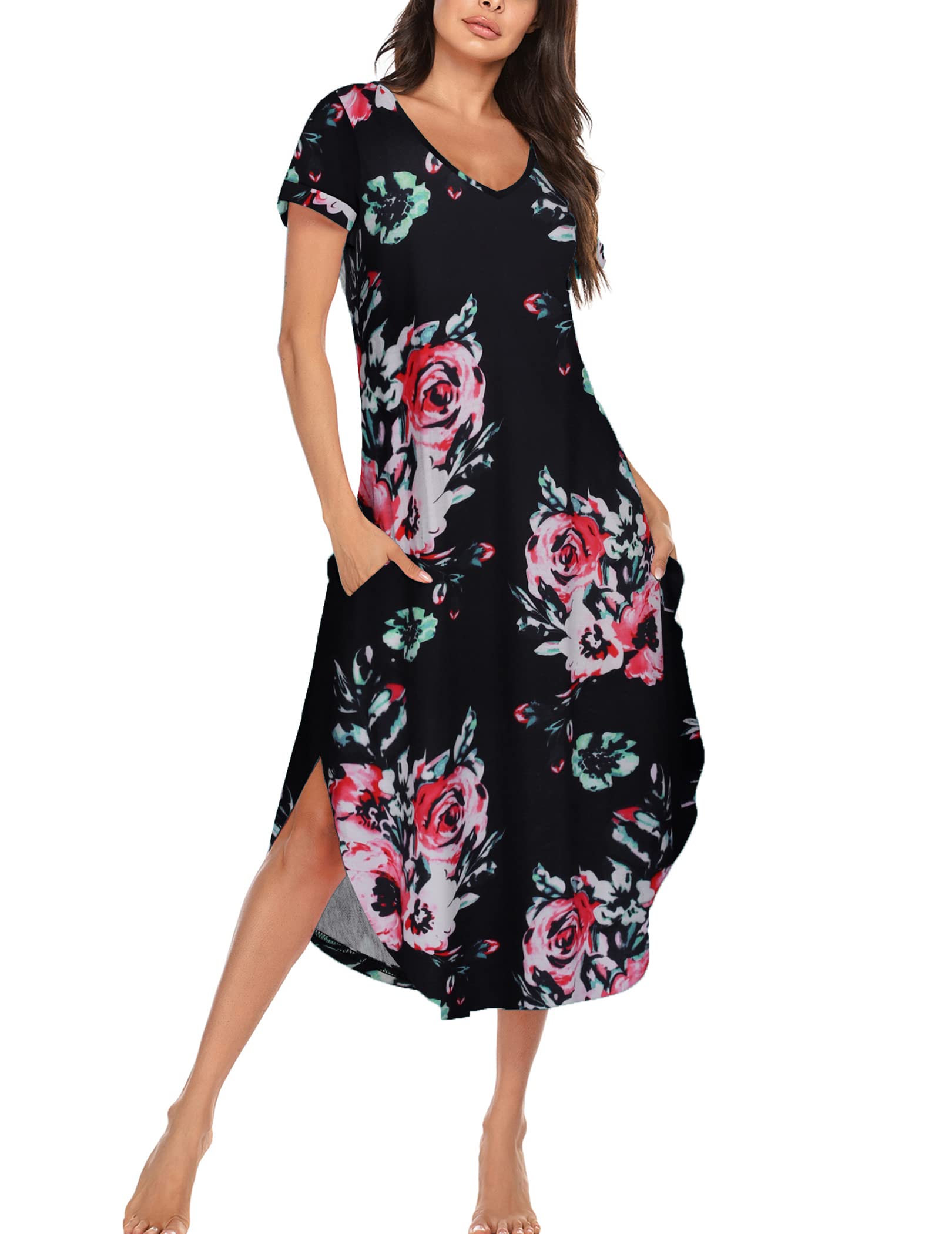 Ekouaer Women's V-Neck Nightgown - Soft Short Sleeve Sleepwear with Side Split Pockets, Long Nightdress Sizes S-3XL - Perfect for Relaxing at Home, Lounging & Comfortable Sleep