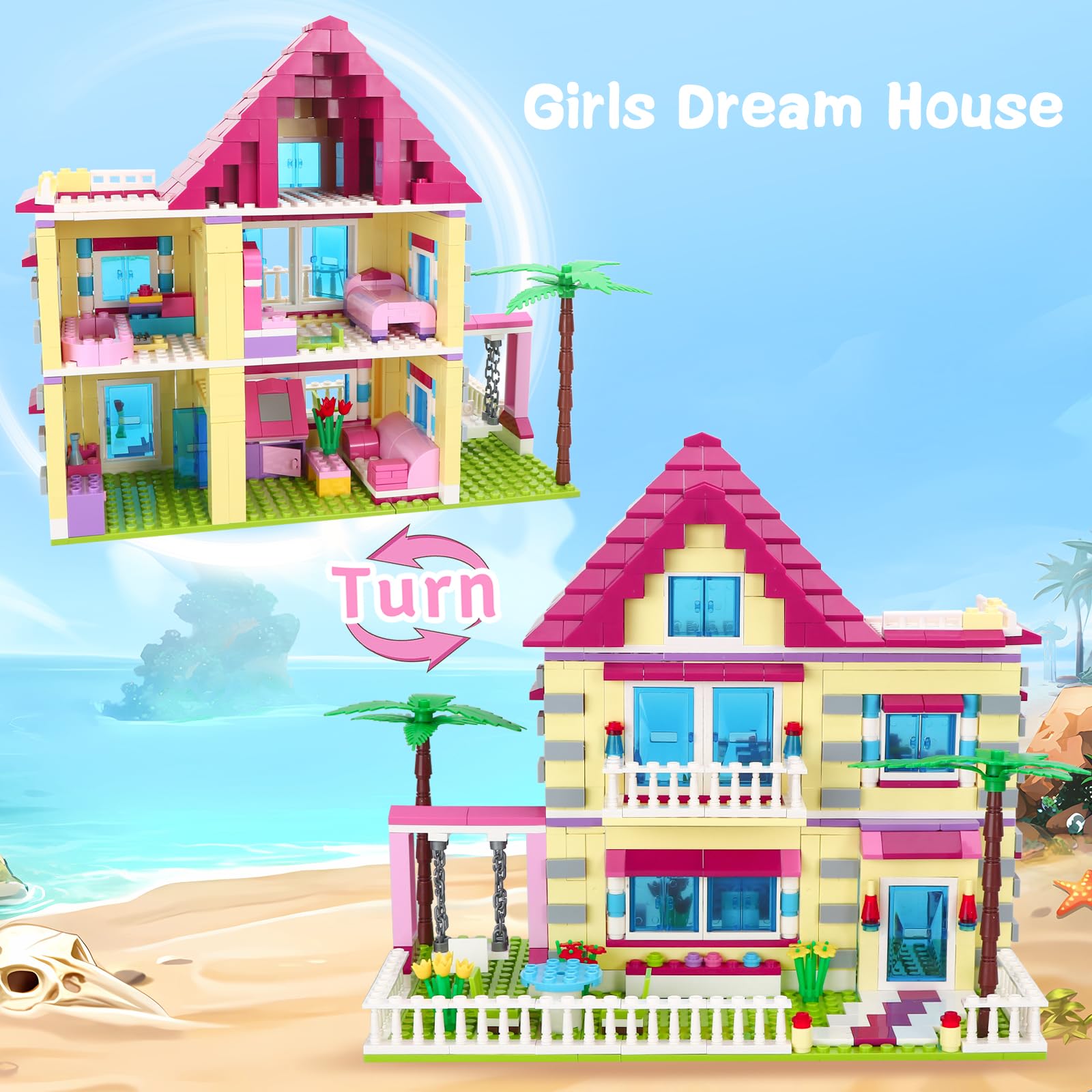 **BRICK STORY Girls Friends House Building Kit - 892 PCS Big Villa Building Blocks, City Family Beach House Model Toy Set with 4 Mini Figures & Car - Creative Play for Kids Ages 6+ | Perfect for Indoor Play, Birthday Gifts & STEM Learning**