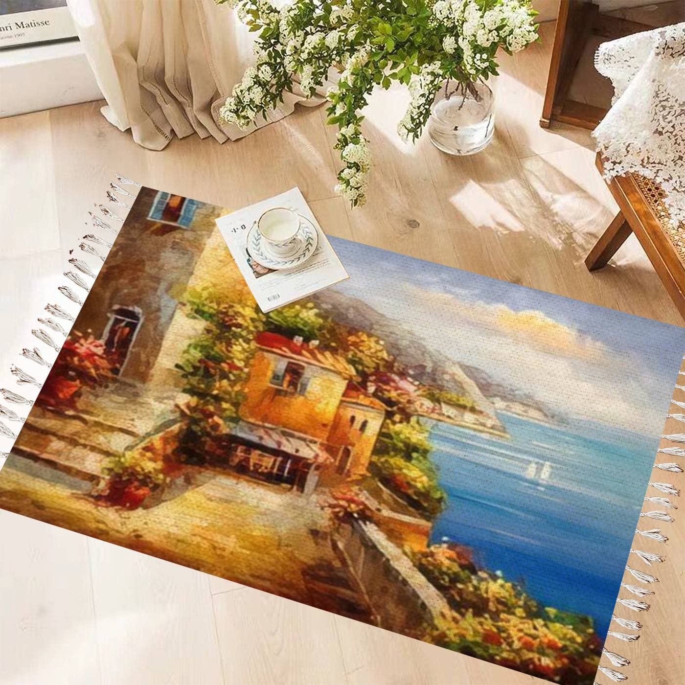 Vintage Cotton Linen Tassel Rug with Greece Harbor Oil Painting Design - Bohemian Washable Woven Area Rug for Kitchen, Bathroom, Outdoor & Indoor Decor - Perfect for Boho Living Rooms, Beach Houses, and Mediterranean Style Homes