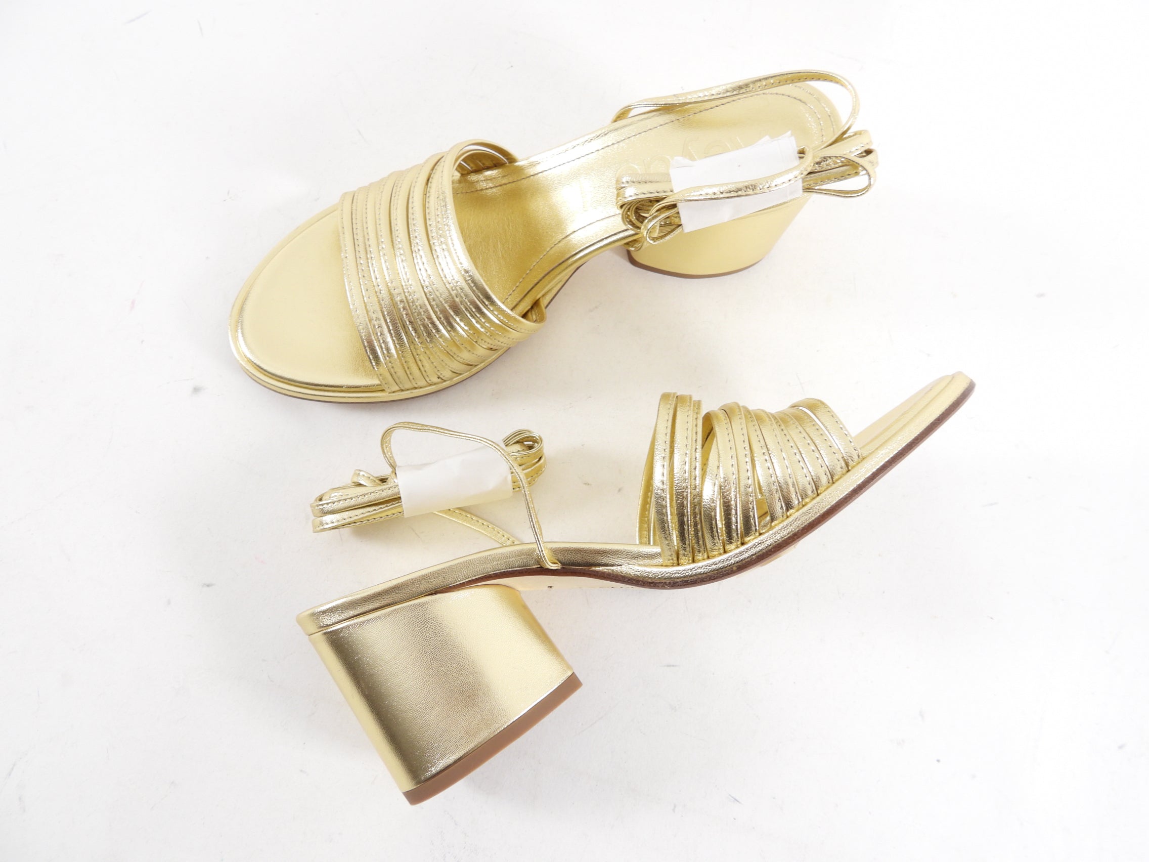 Aeyde Gold Metallic Block Heel Wrap Tie Sandals - Women's Size 37 | Elegant Summer Wedding Shoes for Beach Parties & Date Nights