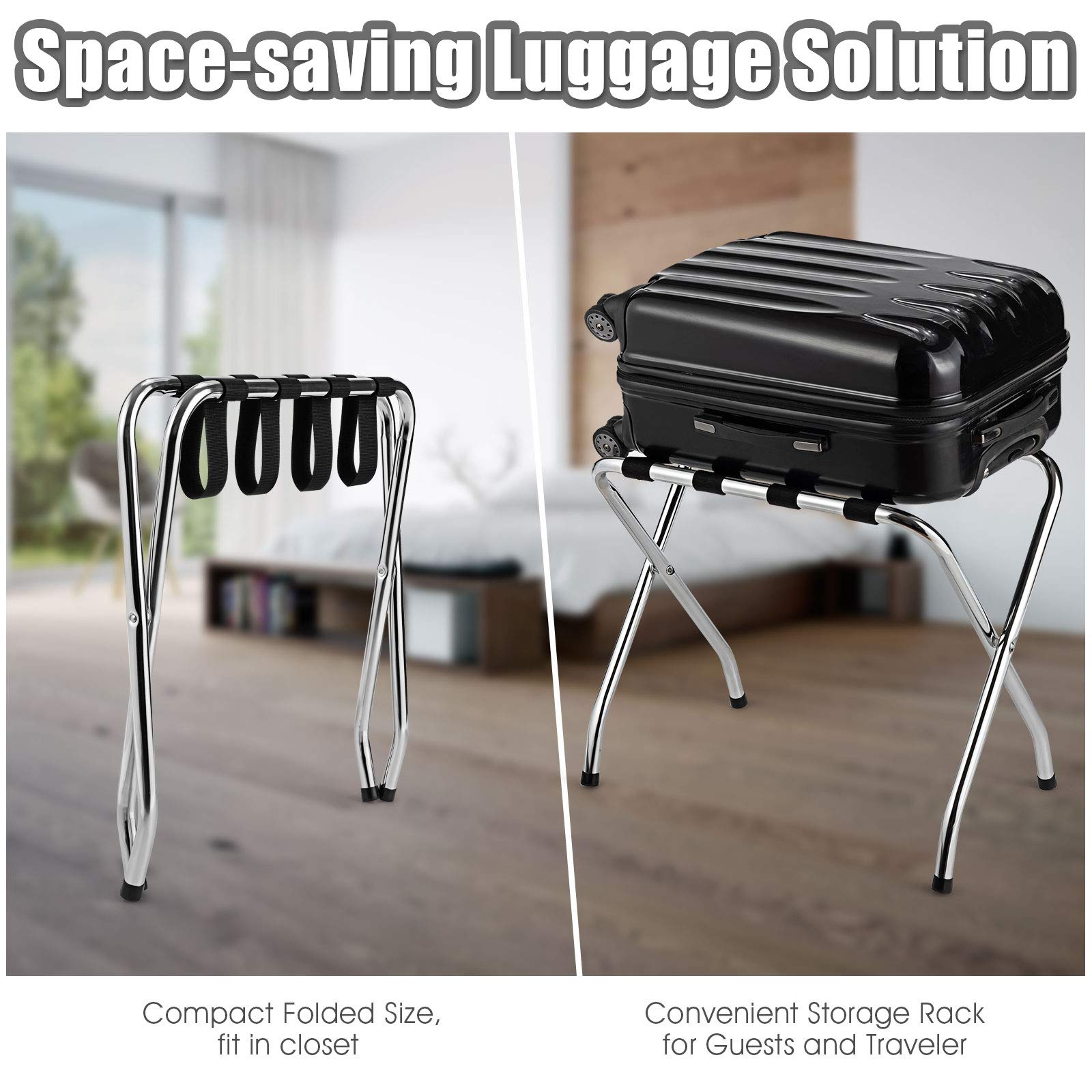 Tangkula Chrome Folding Luggage Rack - No Assembly Required Metal Suitcase Stand with Nylon Belts for Bedroom, Guest Room & Hotel - Space-Saving Silver Storage Solution (3-Pack) - Perfect for Travelers & Small Spaces