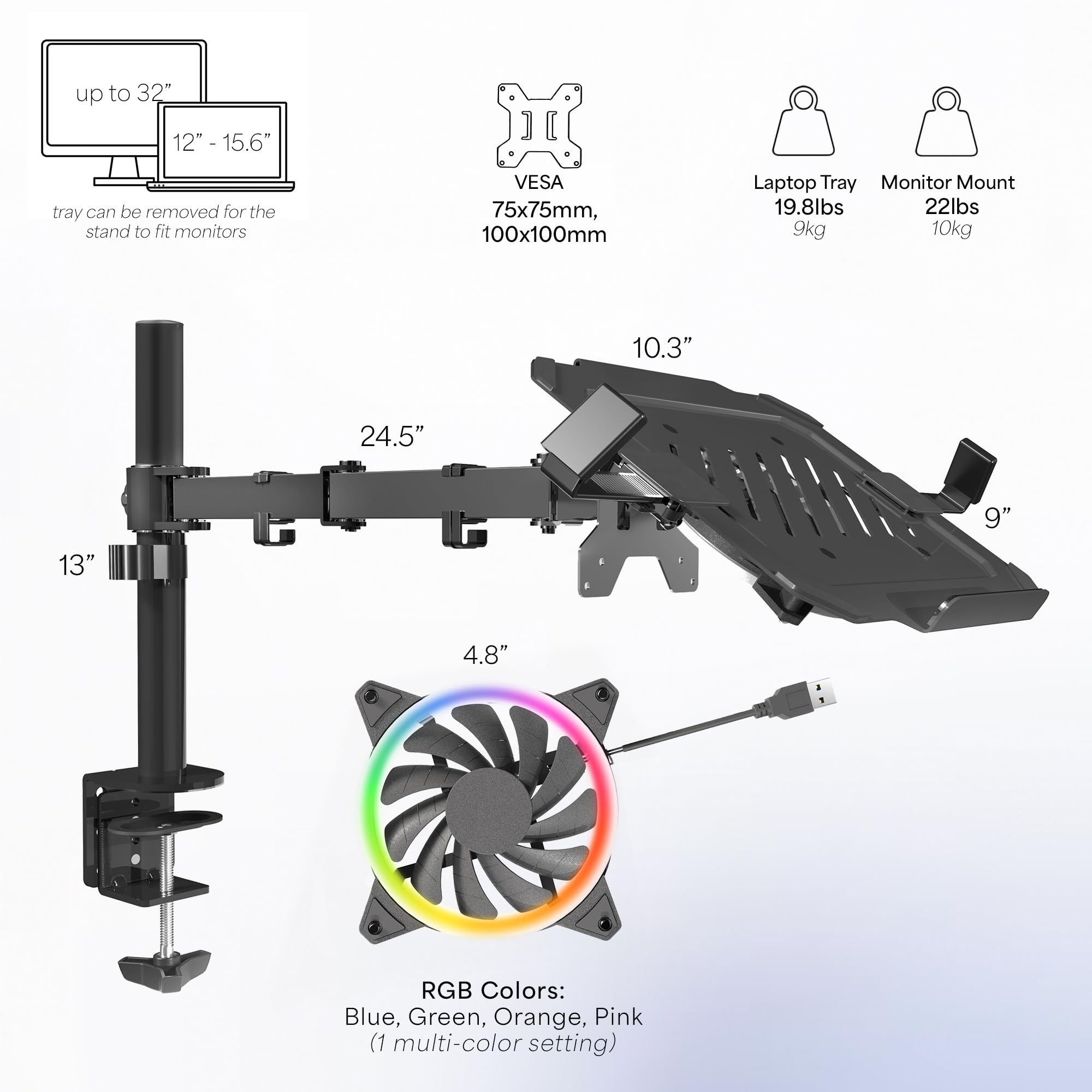 VIVO Adjustable Laptop Stand for 12 to 15.6 Inch Notebooks - Ergonomic Desk Mount with Cooling RGB Fan (Black, STAND-V001LF) - Perfect for Home Office, Gaming Setup & Workspace Organization