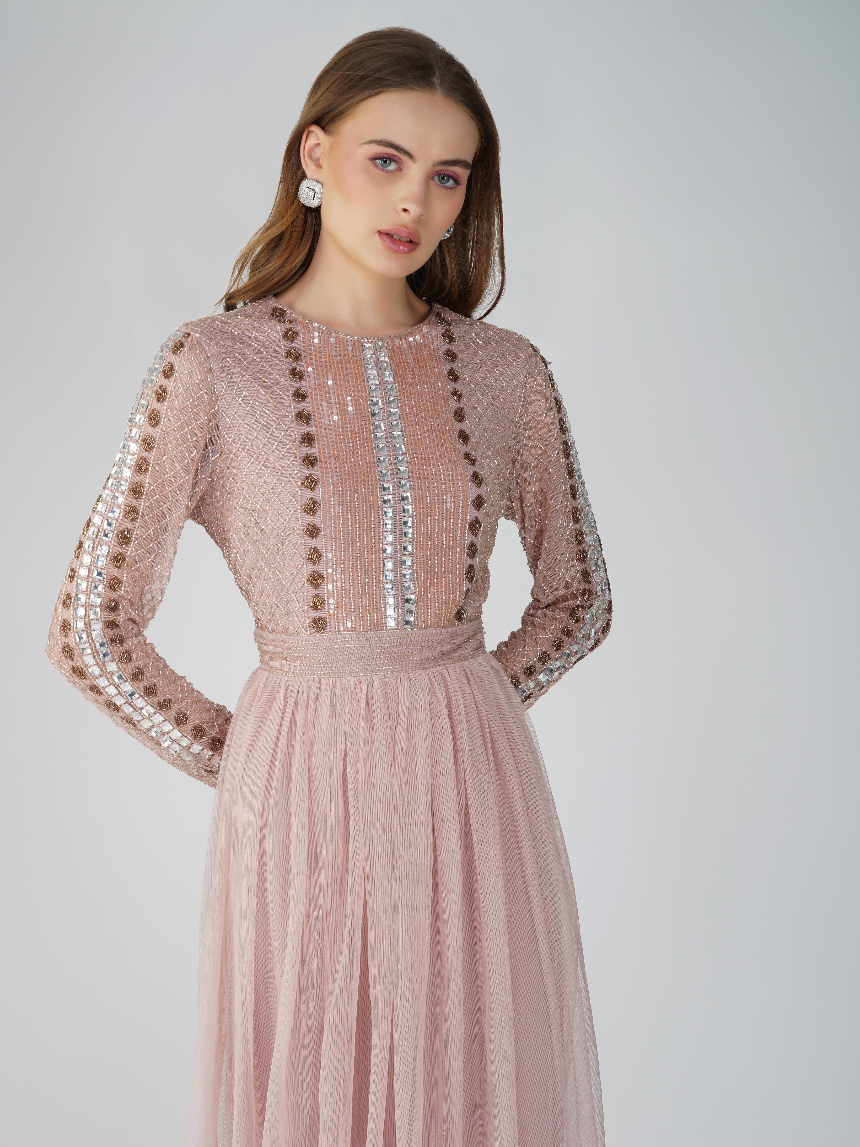 Melinda Long Sleeve Embellished Maxi Dress in Blush Pink - Elegant Evening Gown for Weddings, Parties & Special Occasions | Women's Formal Dress with Floral Embroidery