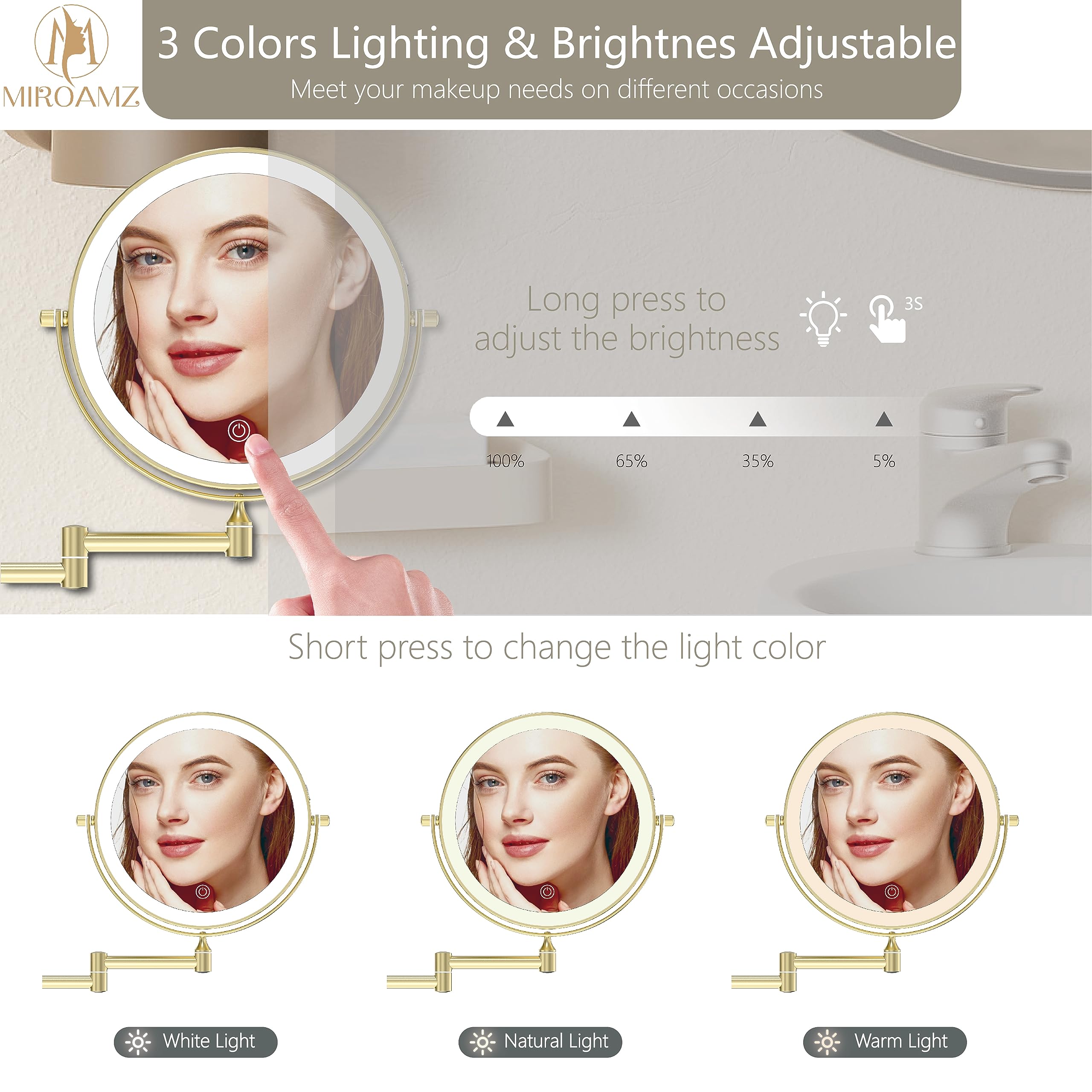 Rechargeable 8 Inch Wall Mounted Makeup Mirror with 1X/10X Magnification - 3 Color LED Lighting, Touch Dimming & 360° Rotation - Perfect for Bathroom Vanity, Shaving & Cosmetics Application - Gold Finish