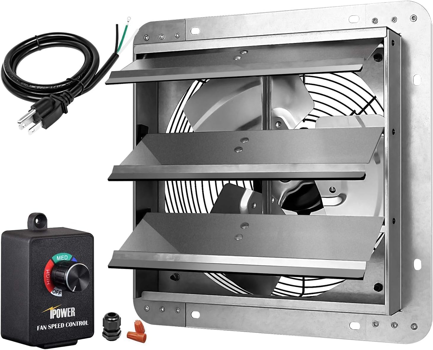 iPower 12 Inch Shutter Exhaust Fan with Power Cord - 3 Speed Controller, 940 CFM Variable Speed Ventilation Fan for Attic, Barn, Shed, Greenhouse - Silver | Perfect for Home Cooling, Agricultural Use & Indoor Air Circulation