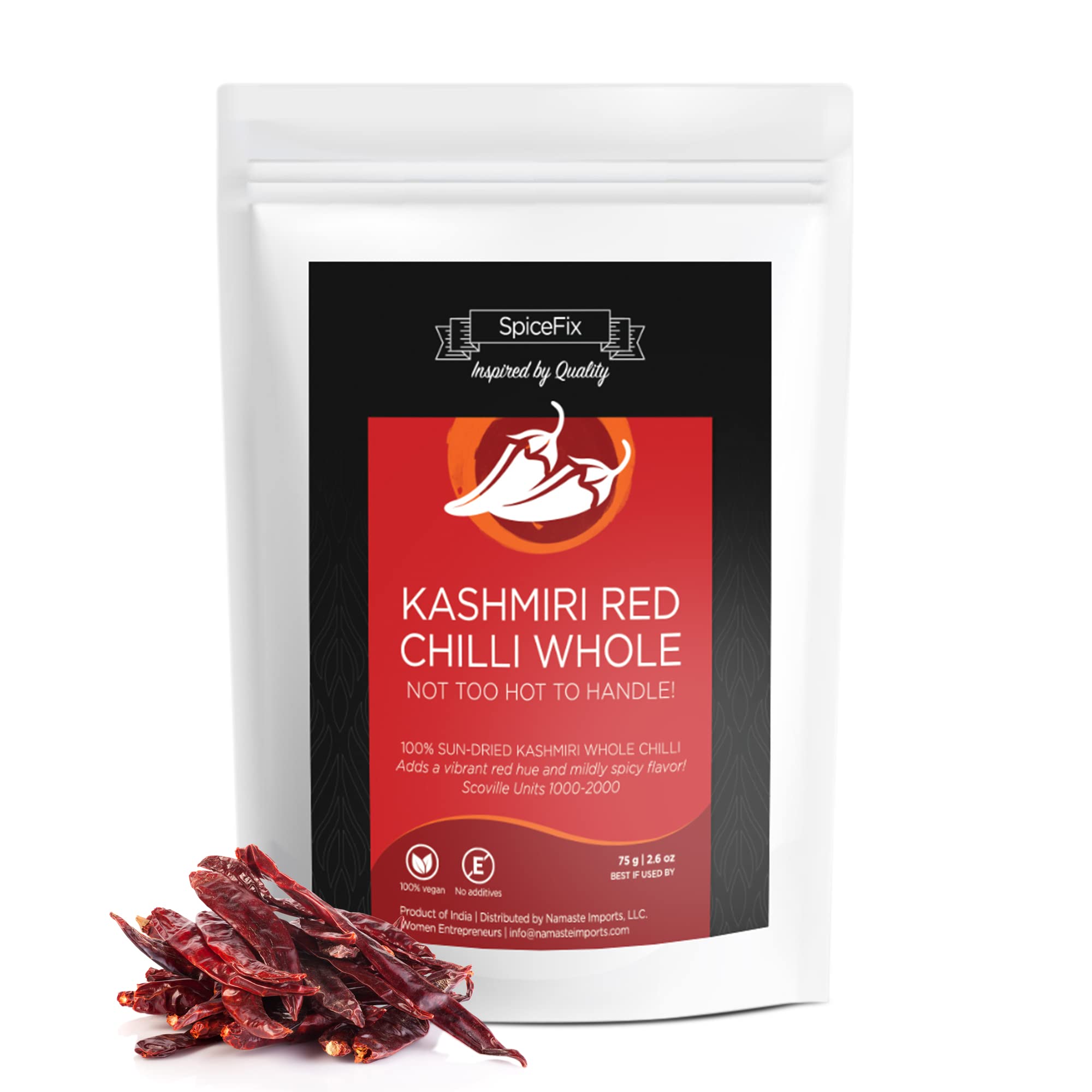 Premium Whole Kashmiri Red Chili Pepper - Mild to Medium Heat, Natural Stemless Dried Chillies | Sun-Dried Indian Red Peppers in Resealable Bag (2.6oz) - Perfect for Curries, Stews & Homemade Spice Blends