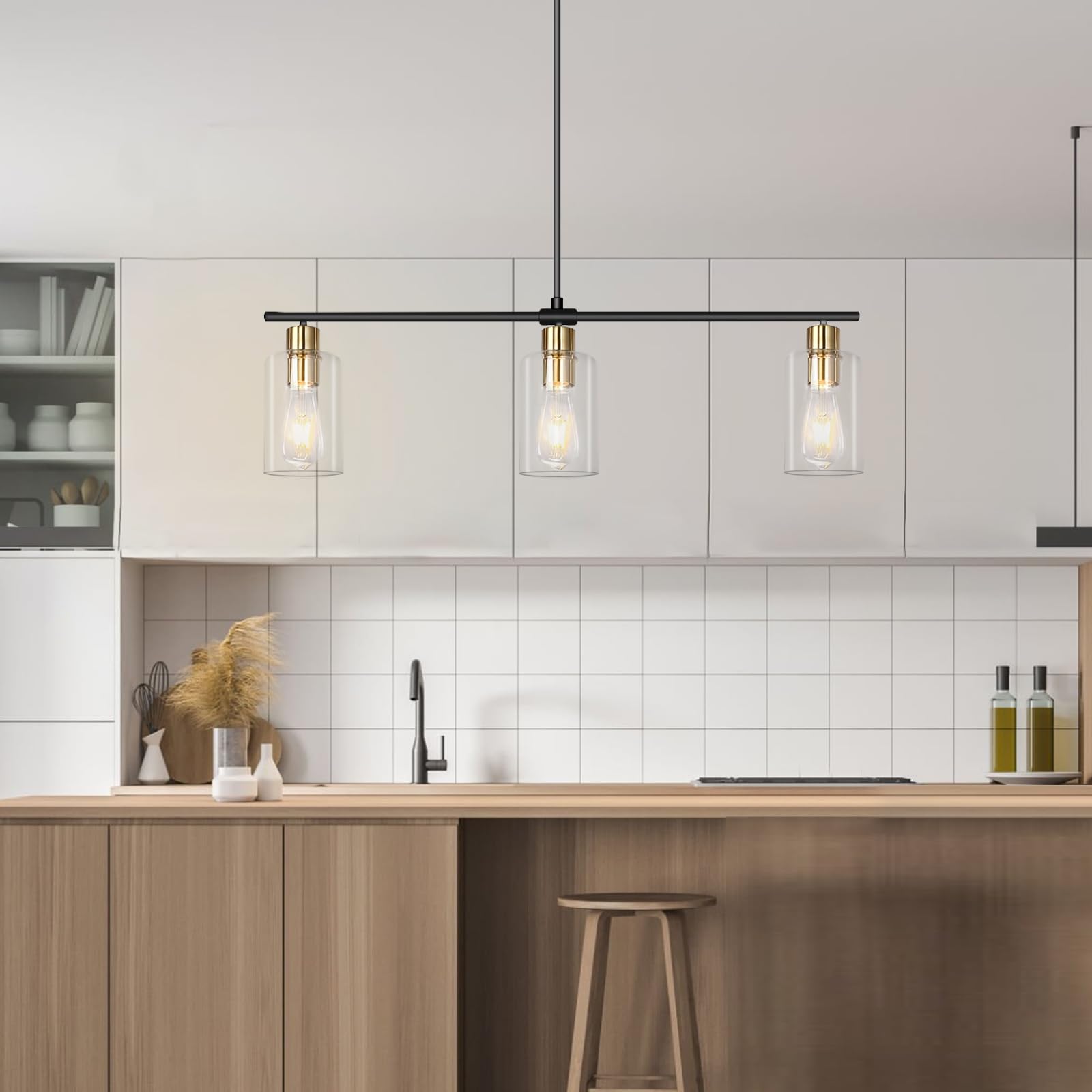 3-Light Farmhouse Chandelier - Black & Gold Linear Kitchen Island Lighting with Glass Shades | Modern Industrial Pendant Light for Dining Room & Breakfast Nook