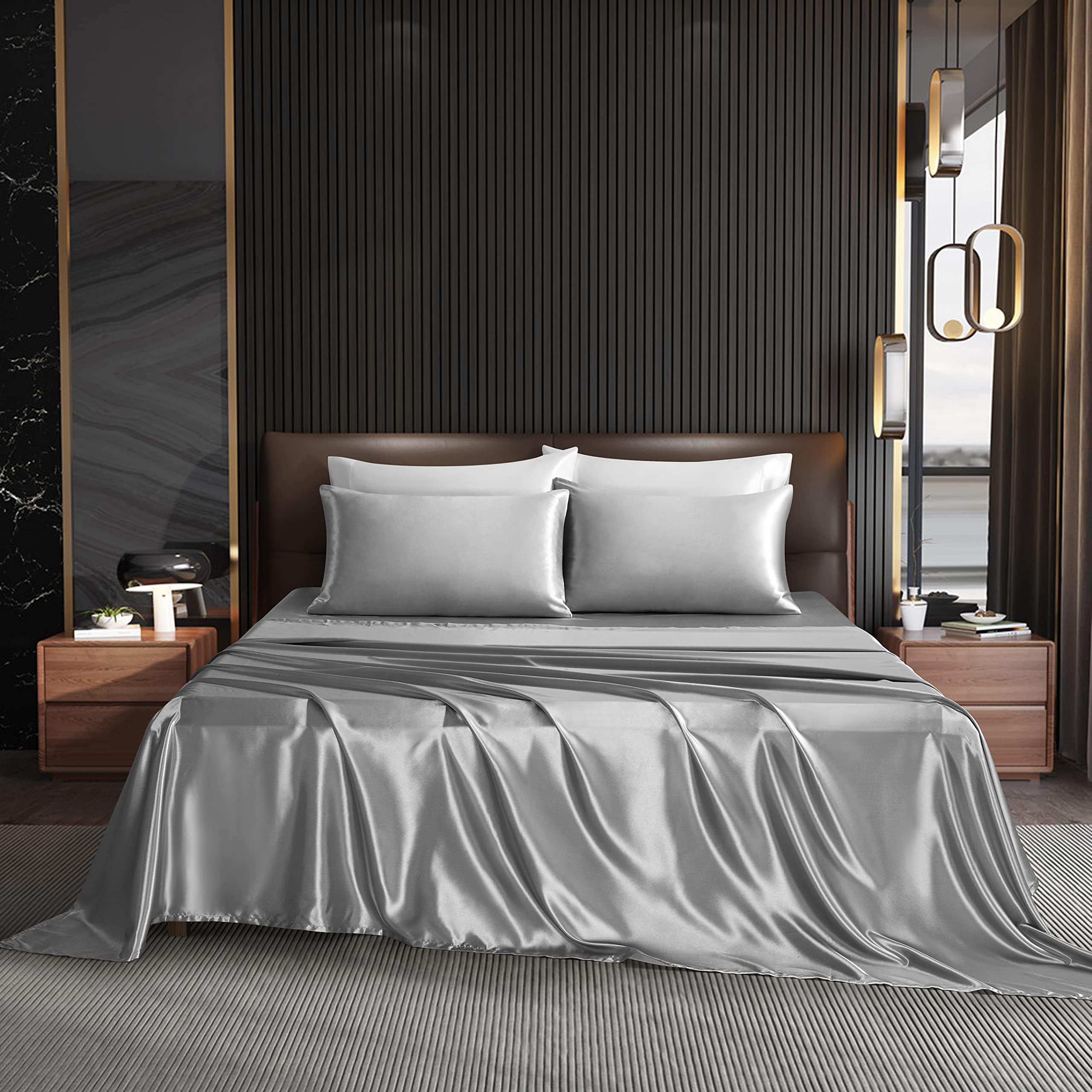 NA HommxJF Light Gray Satin Sheets King Size - 4 Piece Luxury Bedding Set with 1 Flat Sheet, 1 Deep Pocket Fitted Sheet & 2 Pillowcases - Soft Silky Satin for Bedroom, Hotel, Guest Room