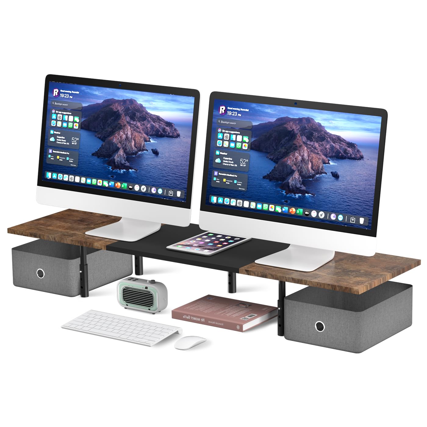 Suptek Dual Monitor Stand Riser with 2 Drawers - Extra Large Storage for 2 Monitors, Computer, Laptop & Printer - Multifunctional Desktop Organizer for Home & Office Workspace