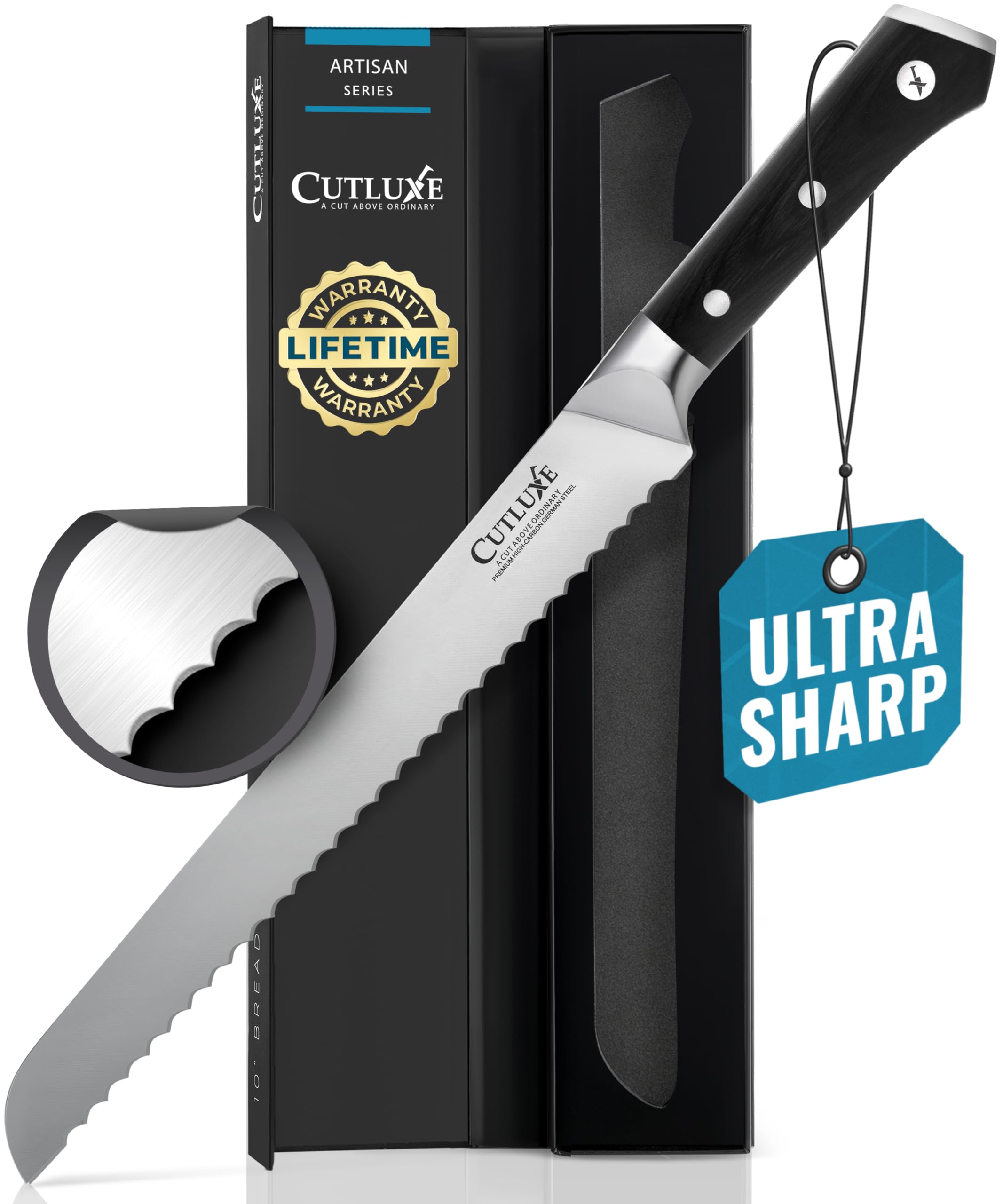 Cutluxe 10-Inch Serrated Bread Knife – High Carbon German Steel Blade for Sourdough & Homemade Bread – Razor Sharp Full Tang Knife with Ergonomic Handle – Perfect for Bakeries, Kitchens & Artisan Bread Making