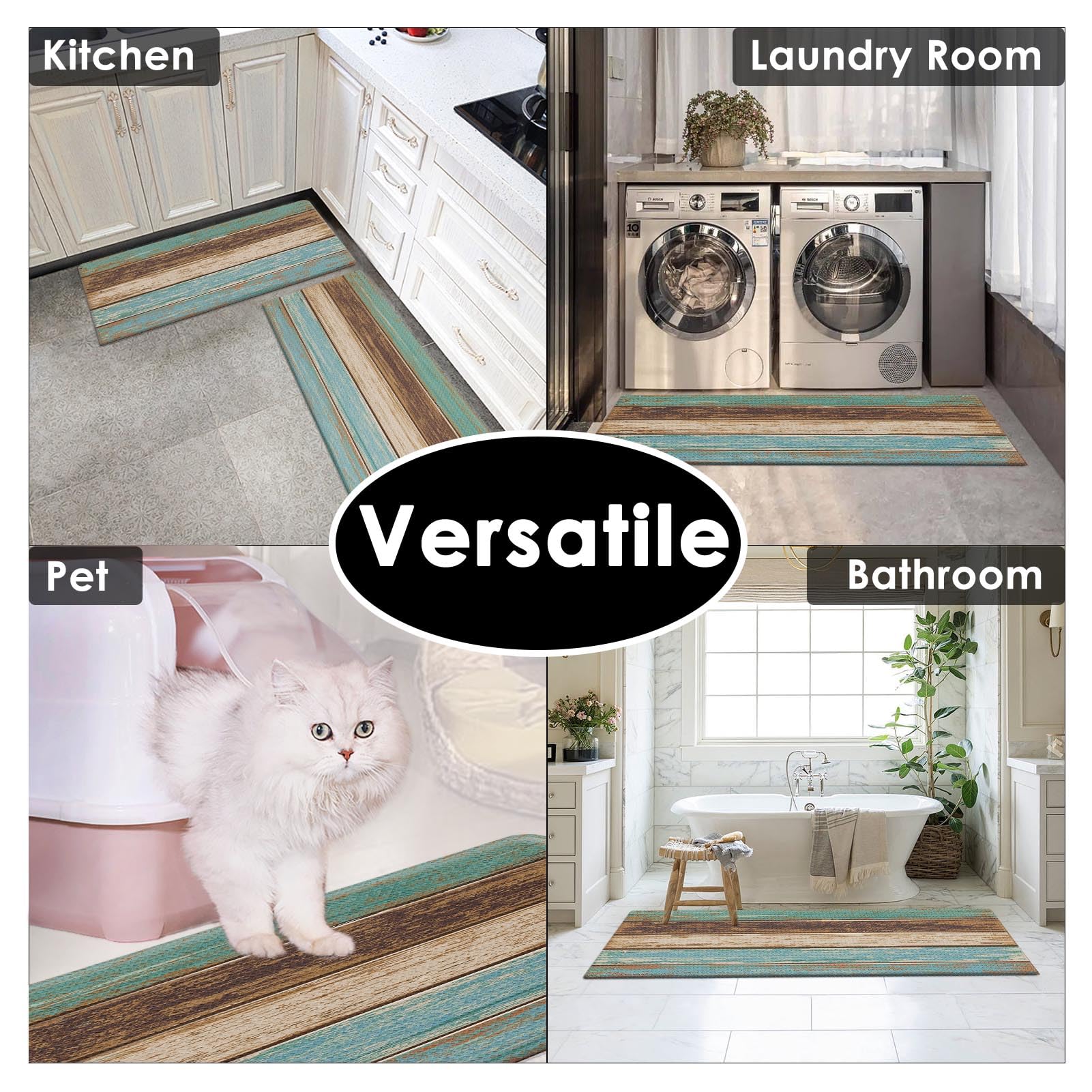 Anti-Fatigue Kitchen Rug Set of 2 - Cushioned Teal & Brown Floor Mats for Standing Comfort, Waterproof Non-Slip PVC Foam - Perfect for Kitchen, Office, or Laundry Room