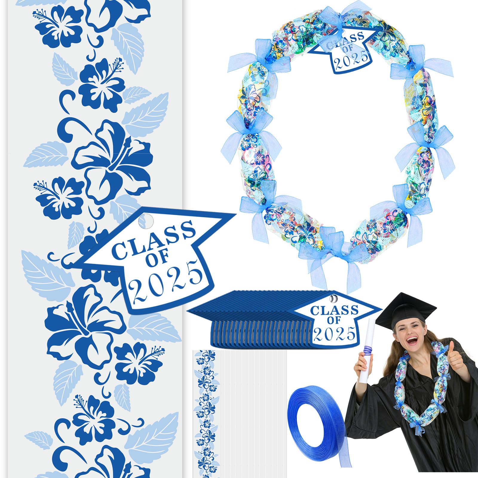 Junkin 24 Set Candy Lei Making Kit for Graduation - Class of 2025 Hawaiian Party Decorations with Long Ribbons, Dessert Filler & Graduate Gifts (Blue) | Perfect for Graduation Parties, Hawaiian Themed Events & DIY Gift Giving