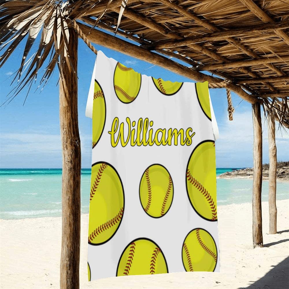 Custom Personalized Beach Towels with Name - Softball Pattern Quick Dry Absorbent Microfiber - 30x60 Inch Sand Proof Pool Bath Towel for Kids, Girls, Boys & Adults - Perfect for Beach, Pool, Gym & Travel