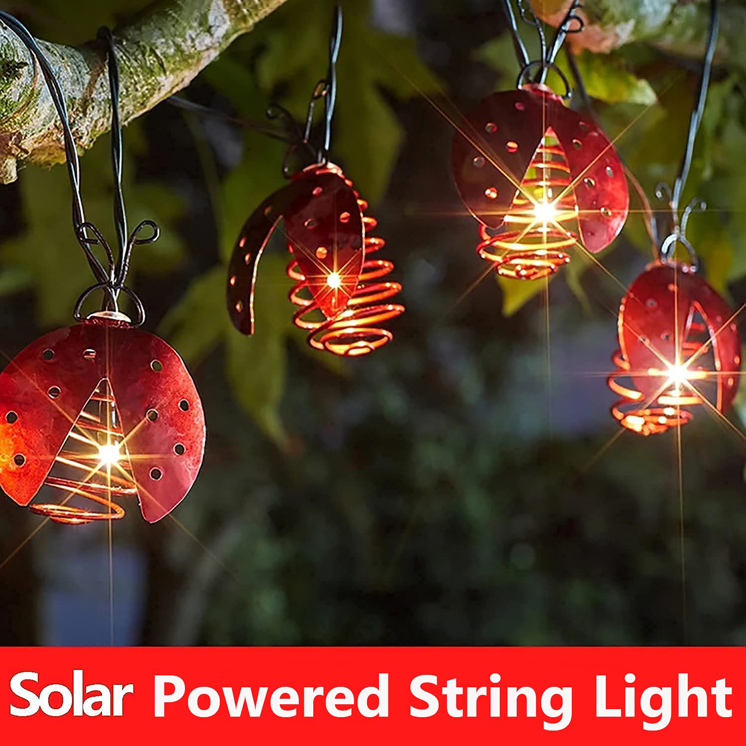 Solar Powered Ladybug String Lights - 13ft 10LED Outdoor Garden Decor with Metal Ladybugs | Warm White Fairy Lights for Lawn, Yard, Wedding & Christmas Party | Perfect for Patio, Pathway & Backyard Decoration