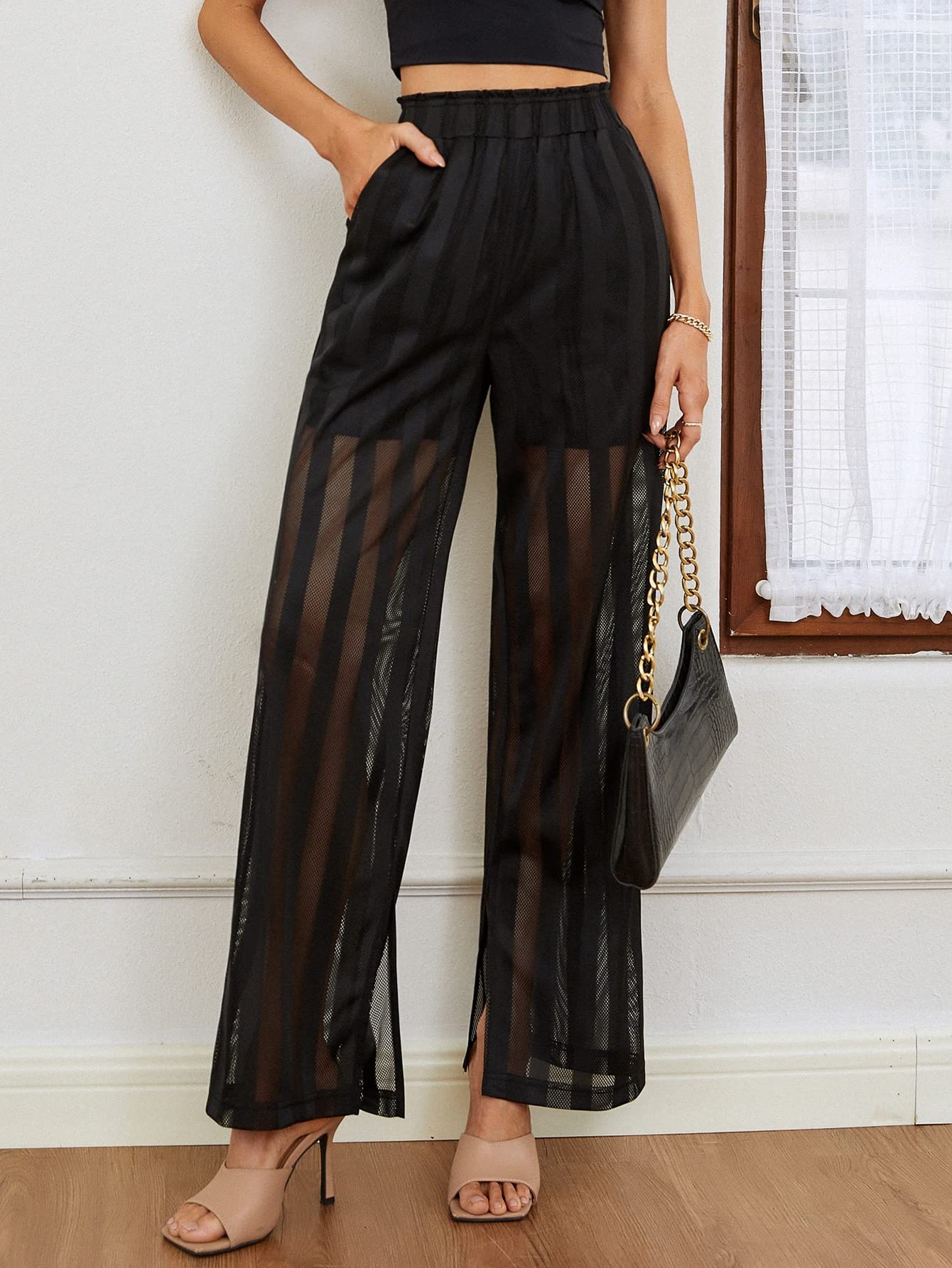 WDIRARA Women's Striped Mesh Sheer Wide Leg Pants with Split Hem - High Waisted Elastic Long Pants in Black - Perfect for Casual Outfits, Summer Fashion & Boho Style