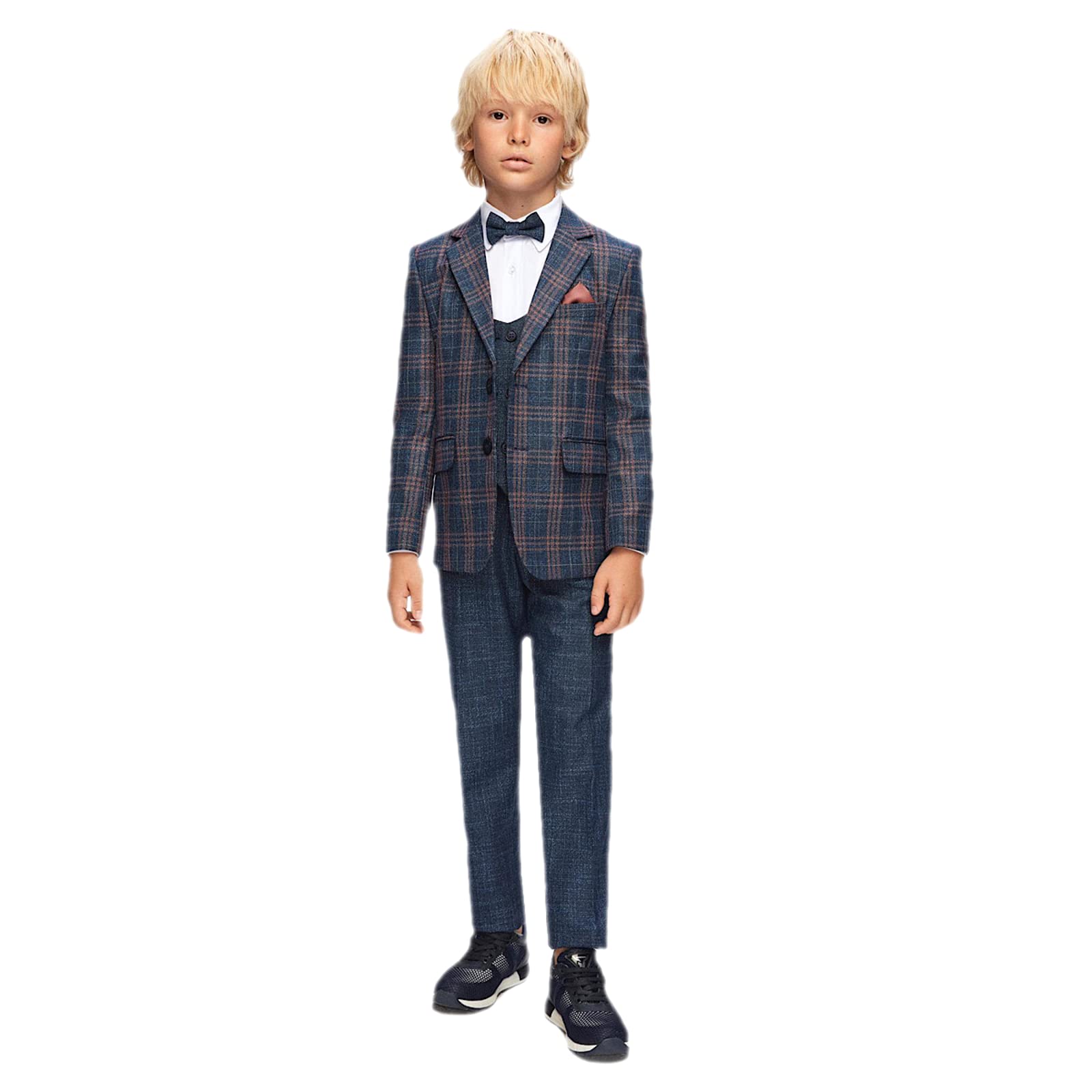Boys Blue 6-Piece Formal Suit Set - Plaid Velvet Tuxedo with Glitter Paisley Design for Weddings, Prom & Special Occasions (Ages 1-16 Years) | Perfect for Page Boys, Ring Bearers & Formal Events