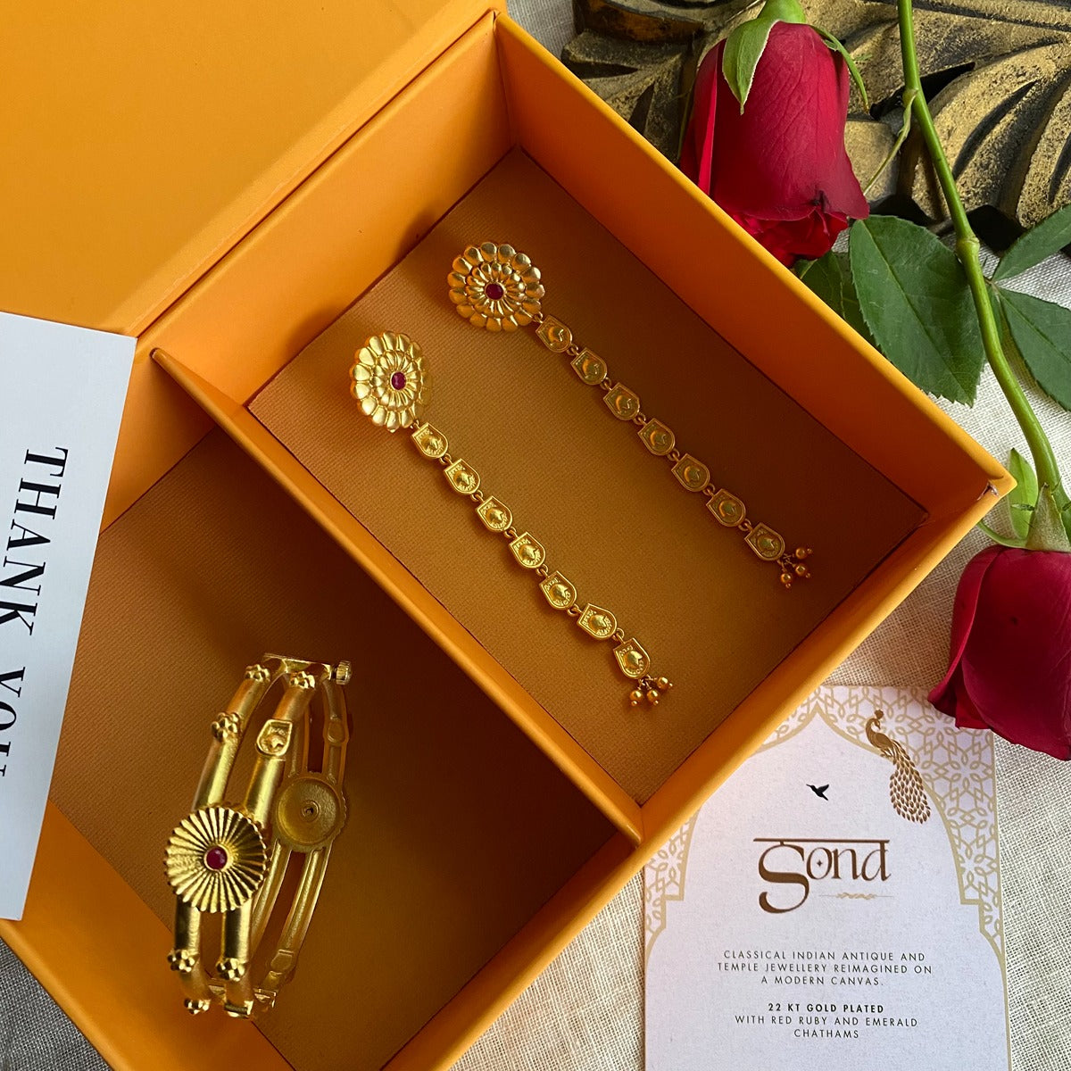 Ancient Blossoms Jewelry Gift Set - Elegant Long Dangle Earrings & Matching Bangle Bracelet for Women | Perfect for Weddings, Anniversaries & Special Occasions
