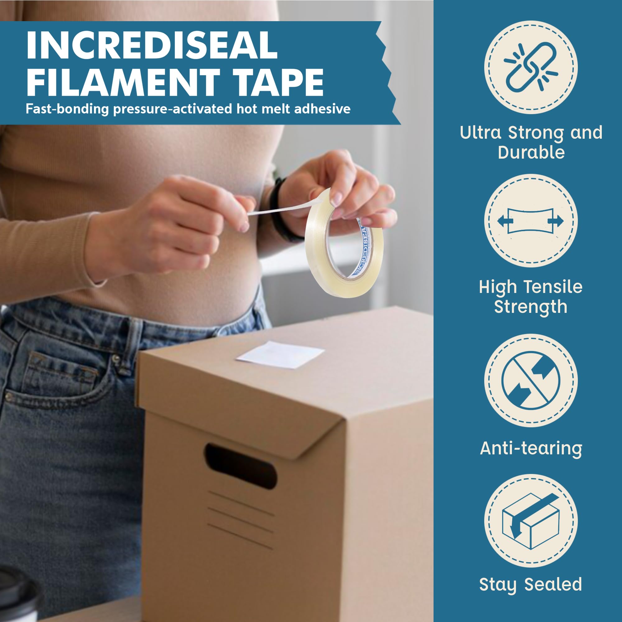 IncrediSeal 1/2 Inch x 180 Feet Clear Filament Strapping Packing Tape (72 Rolls) - Heavy Duty 5.50 Mil Shipping Tape with Strong Adhesive for Moving, Box Sealing & Packaging - Ideal for Warehouse, Ecommerce, Logistics & Home Use