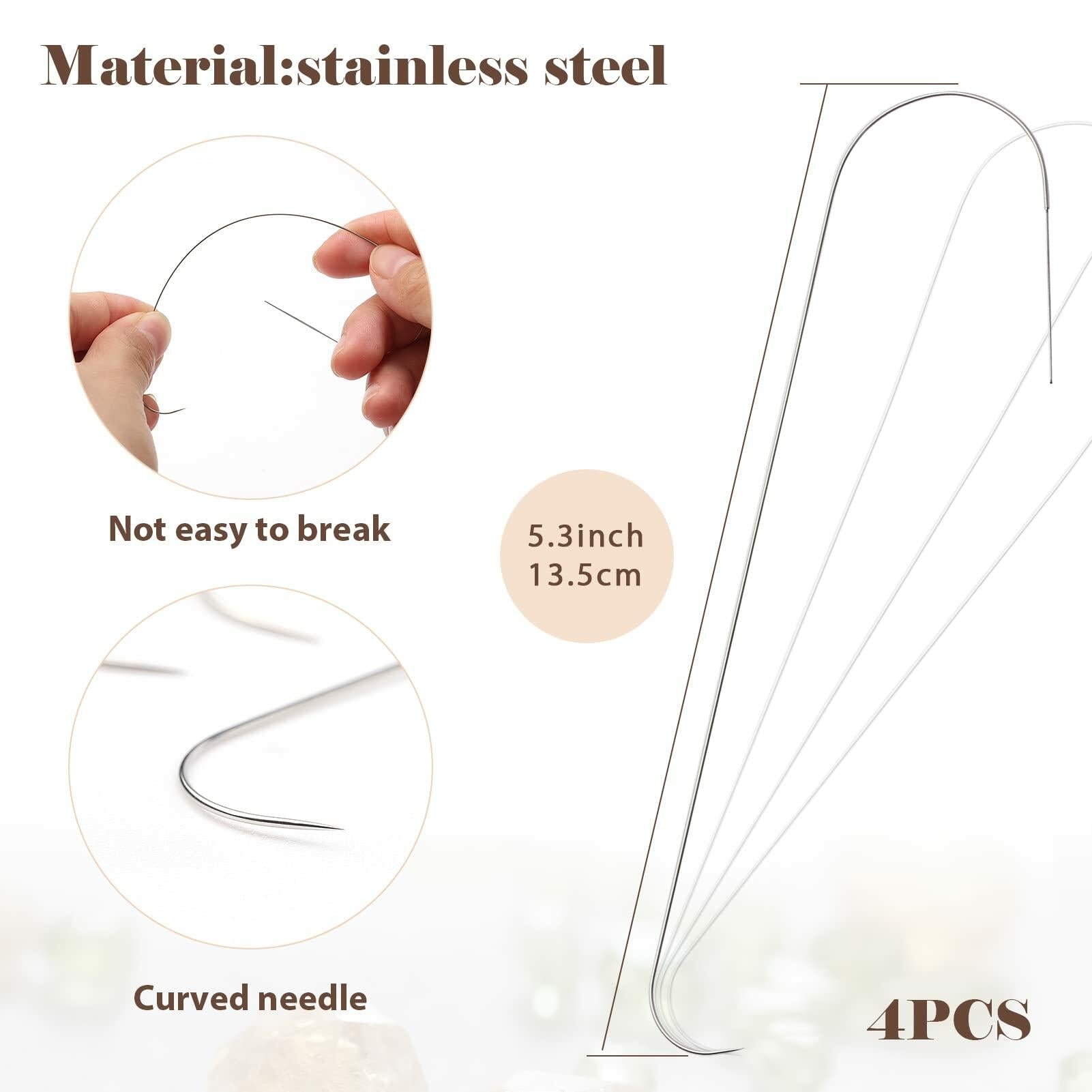 4 Pieces Large Eye Curved Beading Needles with Handle - 5.3 Inch Stainless Steel Jewelry Making Needles for Beading, Sewing & Crafting - Perfect for DIY Jewelry, Embroidery and Handicraft Projects