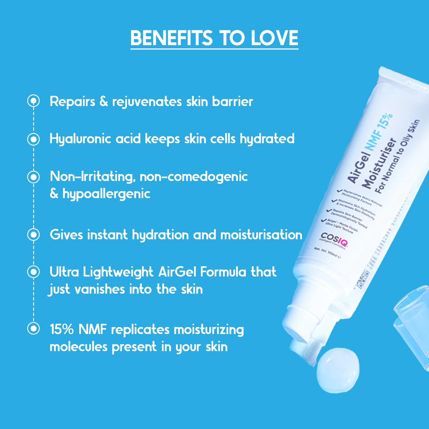 Cos-IQ AirGel NMF 15% Face Moisturizer for Oily to Normal Skin - Lightweight Fast Absorbing Hydration for Women & Men | 100ml | Day & Night Use for Healthy Glowing Skin