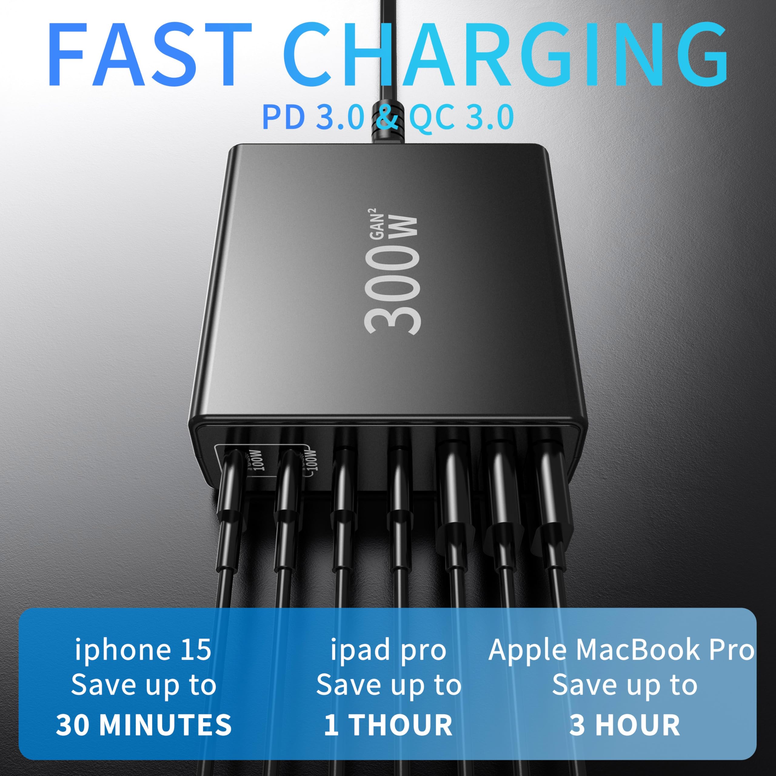 300W 7-Port USB C Fast Charging Station with Dual PD 100W & PPS - Compatible with iPhone 15/14/Pro Max, Galaxy Note23, MacBook Pro/Air, iPad, Dell, HP, Surface Laptops - Compact Power Adapter for Home, Office & Travel (Dark Black)