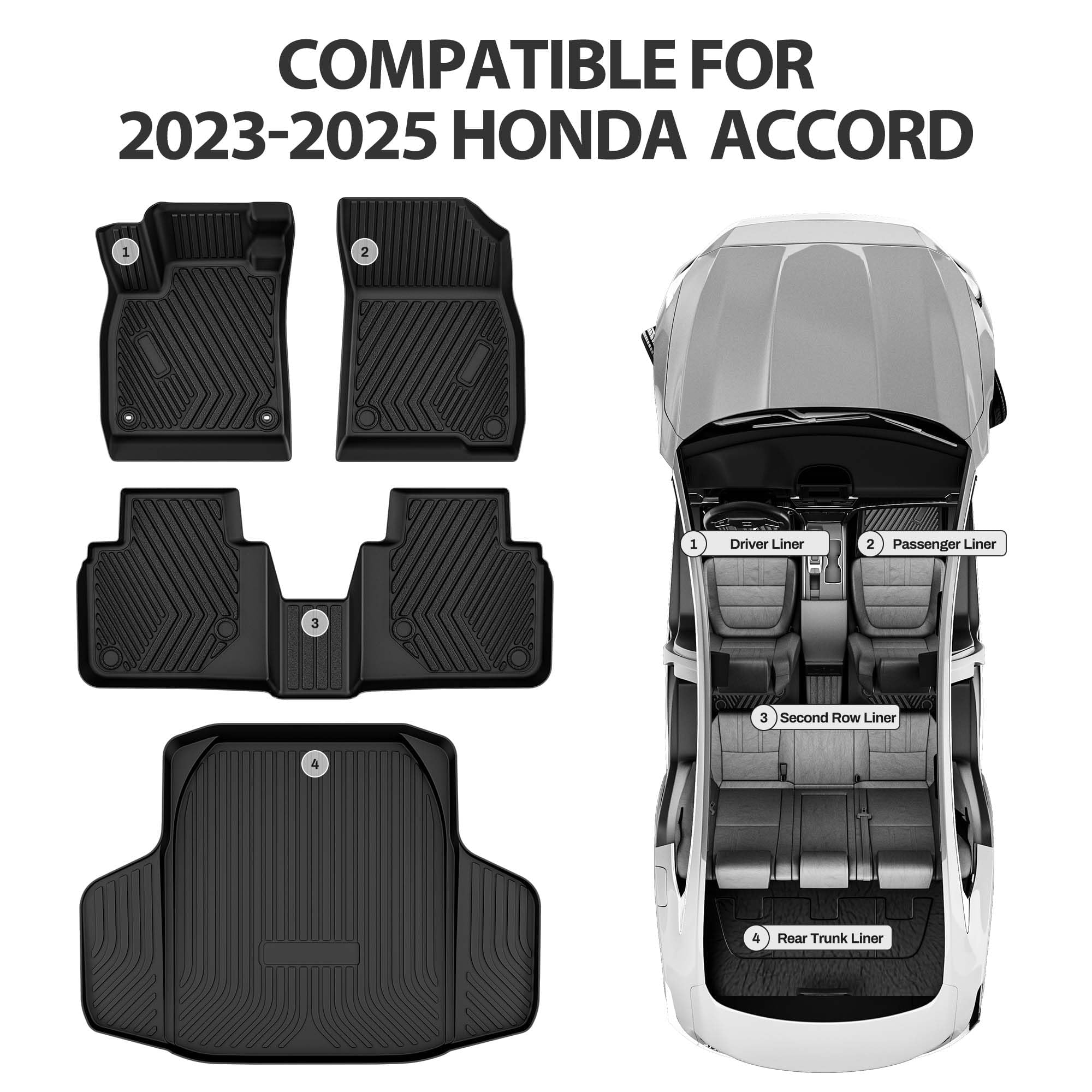 2025 2024 2023 Honda Accord All-Weather TPE Floor Mats - Custom Fit for Accord Hybrid, 1st & 2nd Row Liners & Cargo Mat - Durable Black Car Accessories - Perfect for Daily Commute, Road Trips & All-Season Protection