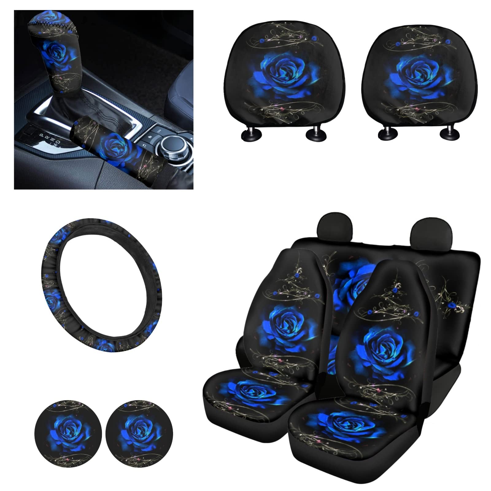 KEIAHUAN 3D Rose Flower Car Seat Covers Set - Universal Front Seat Protectors with Headrest Covers, Steering Wheel Cover, Coaster, Handbrake & Gear Shift Knob Covers for Women - Perfect for Sedans, SUVs & Daily Commute