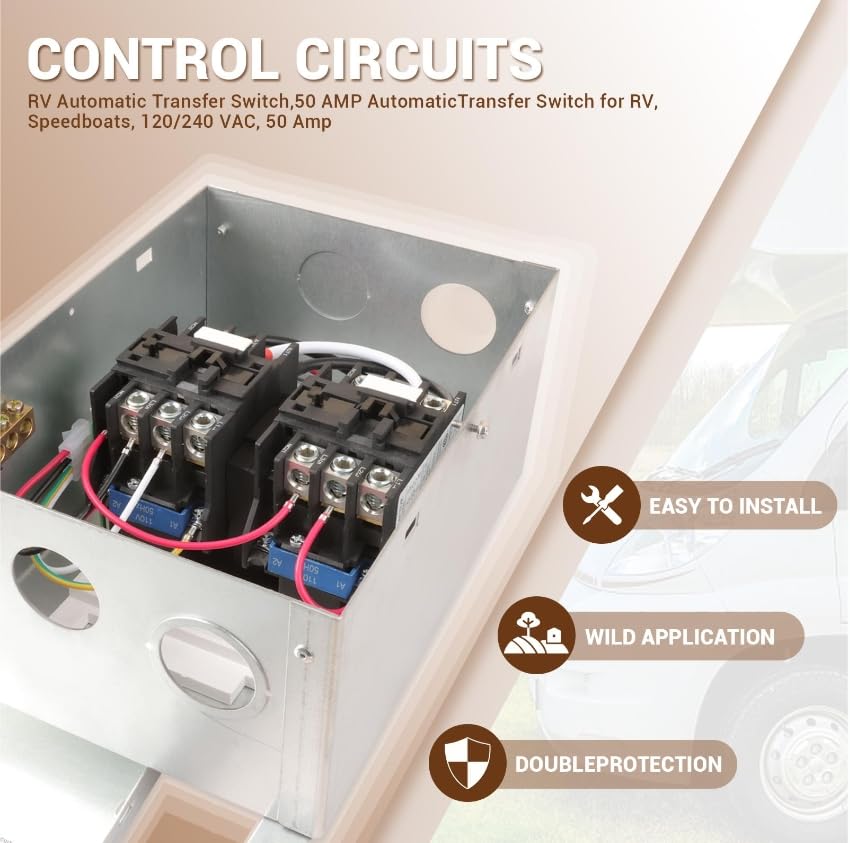 50 AMP Automatic Transfer Switch for RV, Outdoor, Speedboats - 120/240 VAC Generator Transfer Switch with 20-45 Sec Delay - Perfect for Camping, Boating & Emergency Power Backup