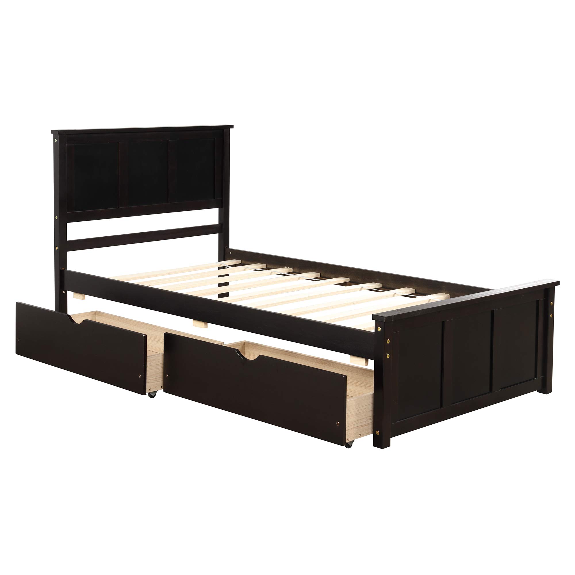Harper & Bright Designs Twin Size Wooden Platform Bed Frame with 2 Storage Drawers & Headboard in Espresso - Perfect for Small Bedrooms, Guest Rooms & Space-Saving Storage Solutions