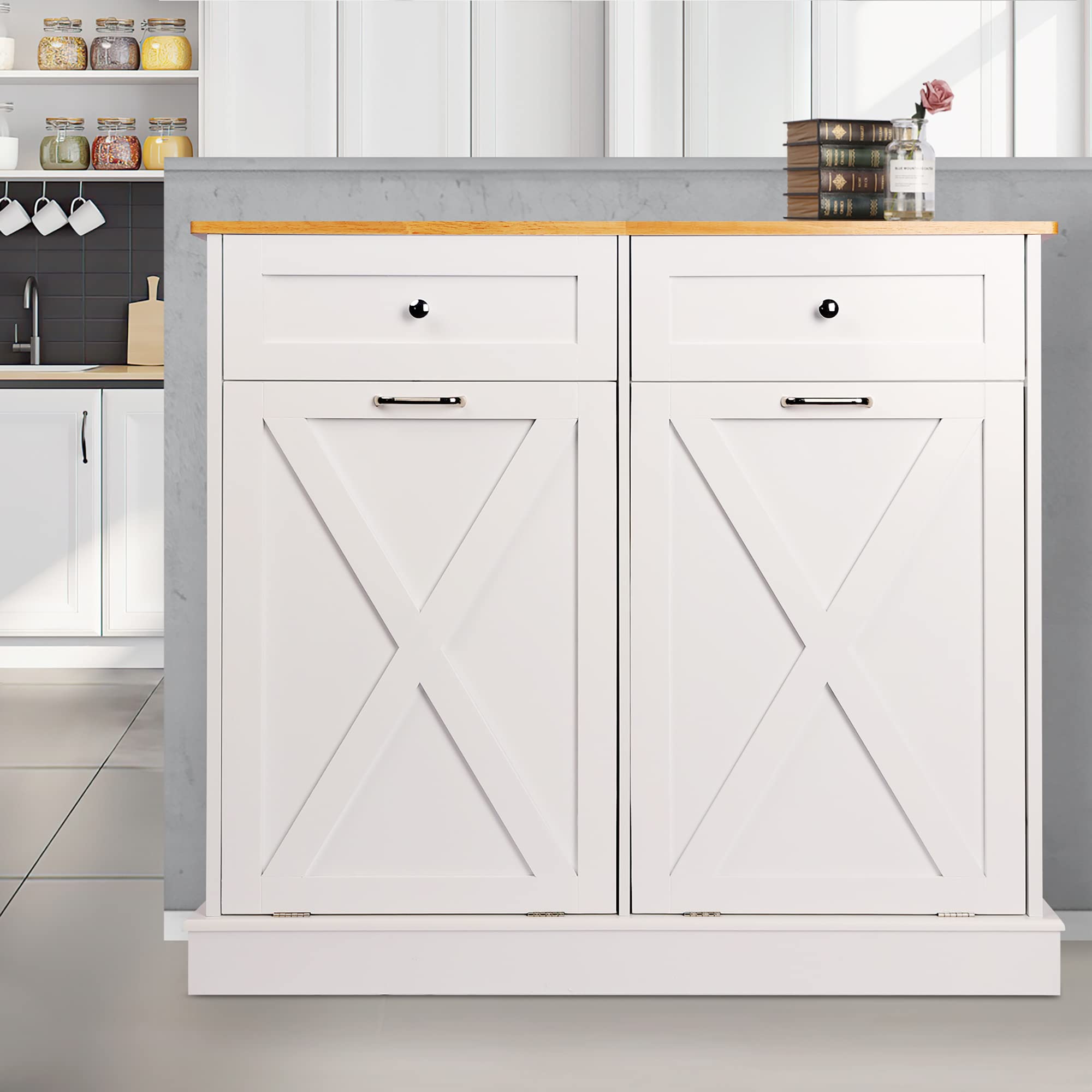 Farmhouse Style Kitchen Trash Cabinet - Solid Wood Double Tilt Out Trash Can with Barn Door | Pet Proof & Odor Blocking Laundry Storage | Perfect for Modern Farmhouse, Rustic Kitchens & Mudroom Organization