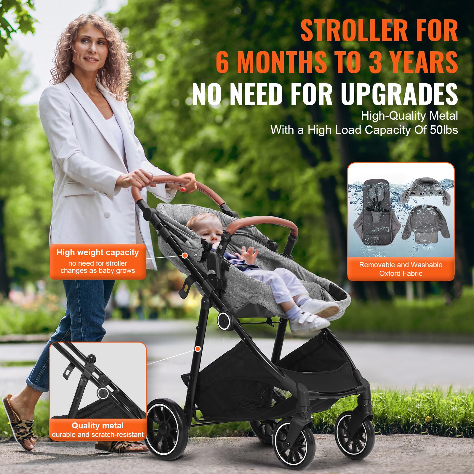 VEVOR 3-in-1 Baby Stroller with Bassinet | Adjustable Reversible Seat & Foldable Design | Carbon Steel Frame with Leg Cover & Mesh Net | Perfect for Newborns to Toddlers | Ideal for Shopping, Travel & Daily Walks (Dark Grey)