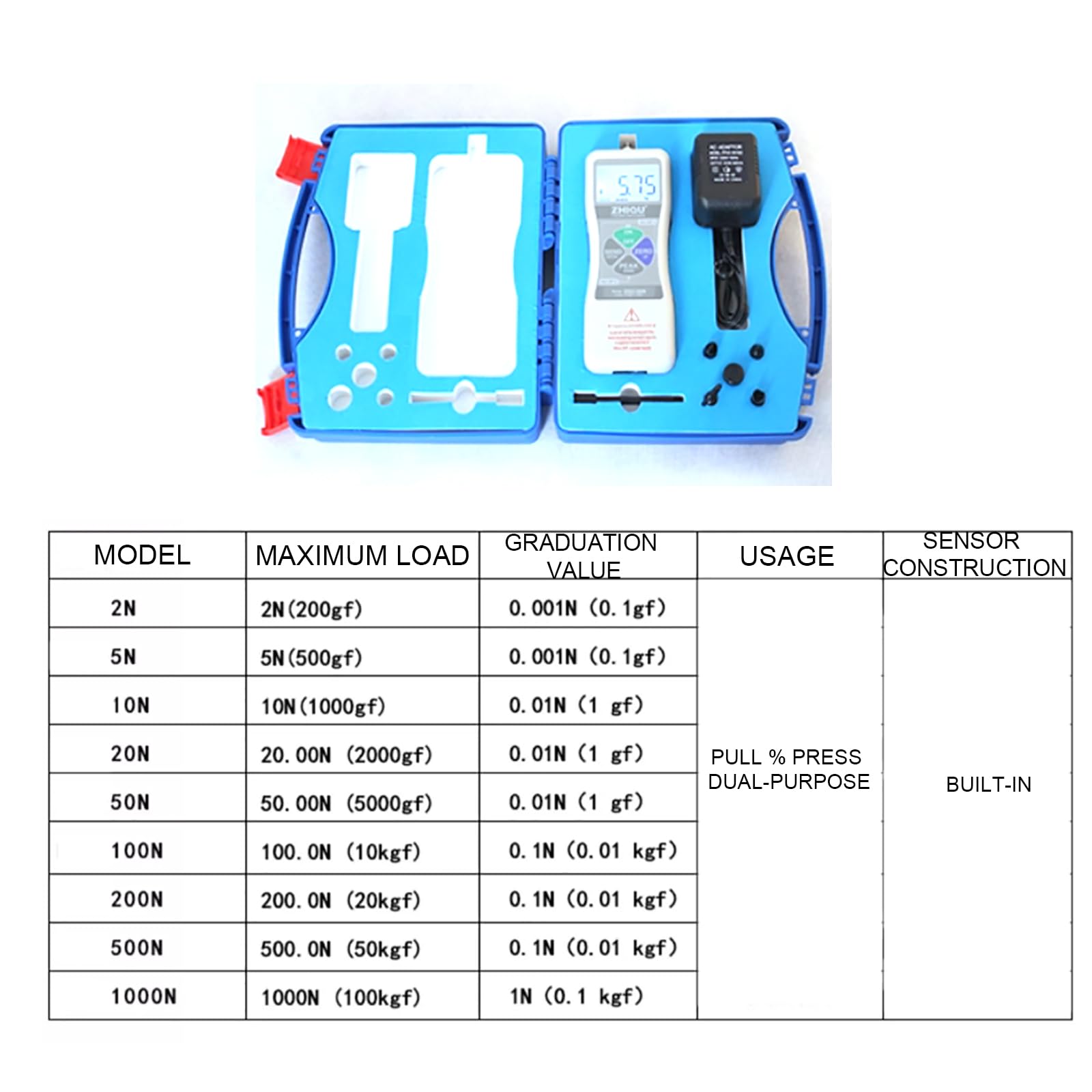 High-Precision Digital Force Gauge 2N-1000N - Push Pull Meter for Tension & Compression Testing (N/kgf/lbf Units) - Ideal for Push-Pull Load Tests, Plug-in Force Measurement & Destructive Testing in Labs, Manufacturing & Quality Control