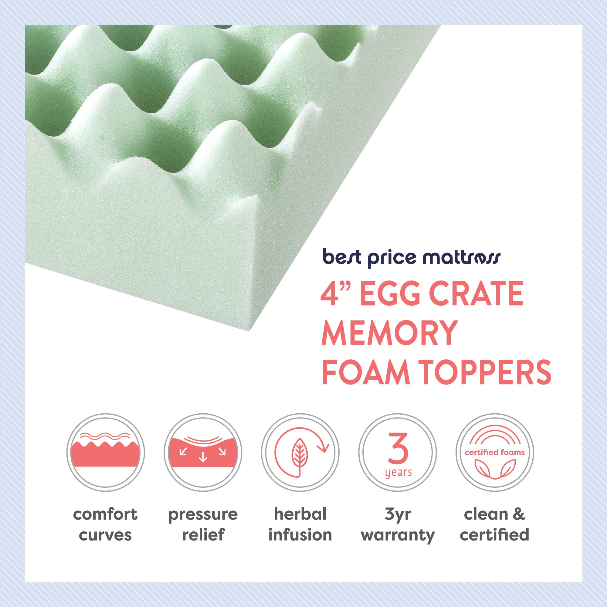 4 Inch Egg Crate Memory Foam Mattress Topper with Green Tea Infusion - CertiPUR-US Certified, King Size for Pressure Relief & Cool Sleep - Perfect for Back Pain Relief, Guest Beds & Dorm Rooms