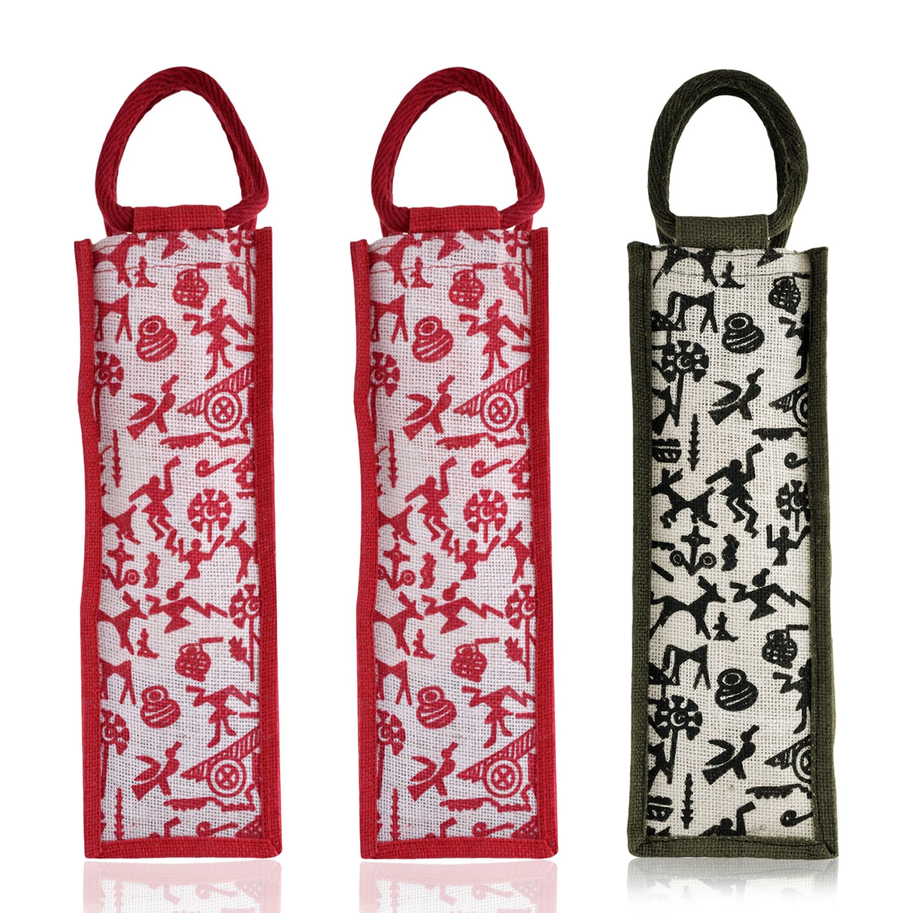 Kuber Industries Reusable Jute Bottle Bag with Handle - Eco-Friendly Water & Wine Bottle Cover for Office, Picnic, Travel - Warli-Print Gift Set of 3 (Multi-Color) | Perfect for Daily Commute, Outdoor Activities & Sustainable Gifting