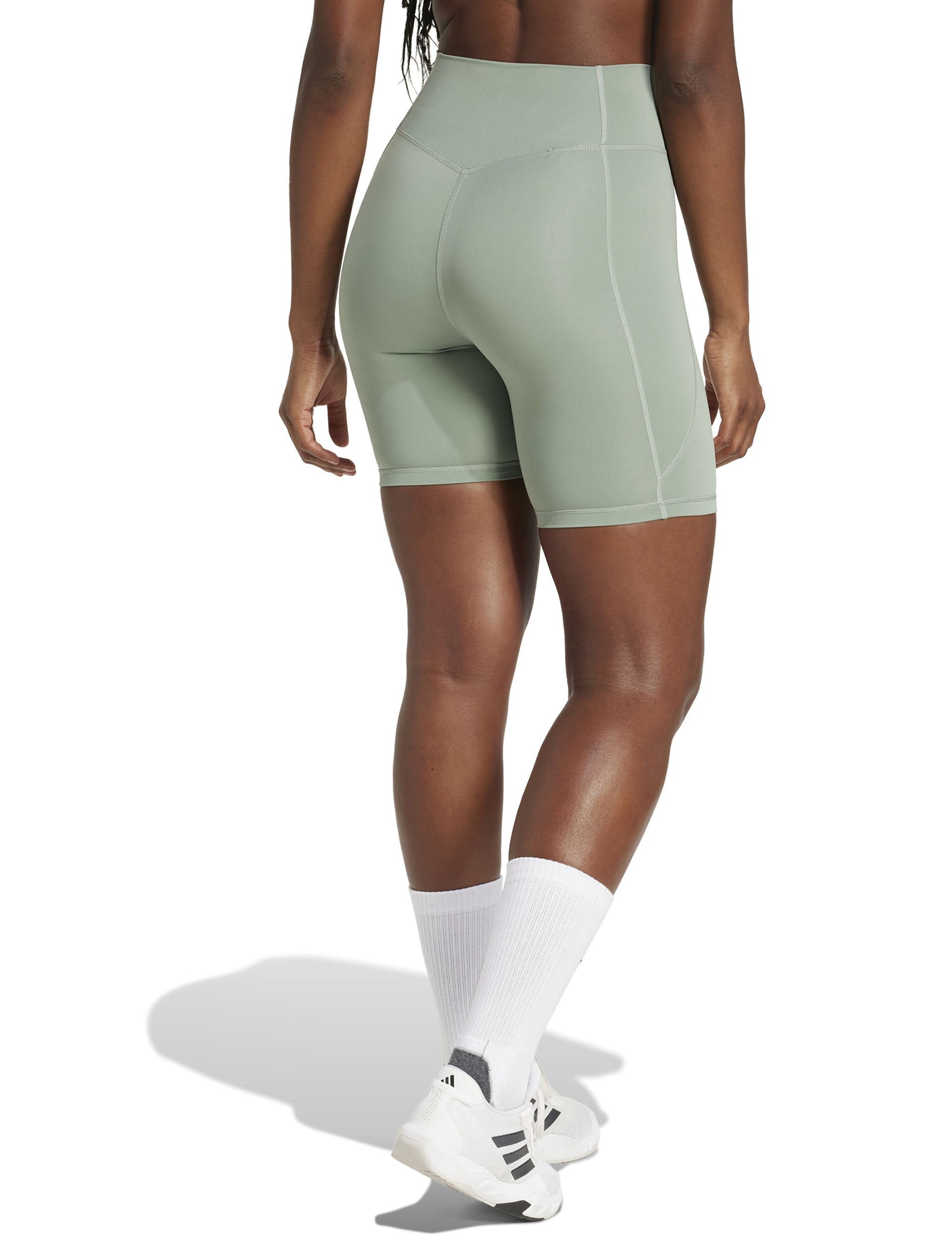 Optime Essentials Stash Pocket 7 Inch Short Leggings for Women - Silver Green/White - Workout, Running, Yoga & Lounge Wear