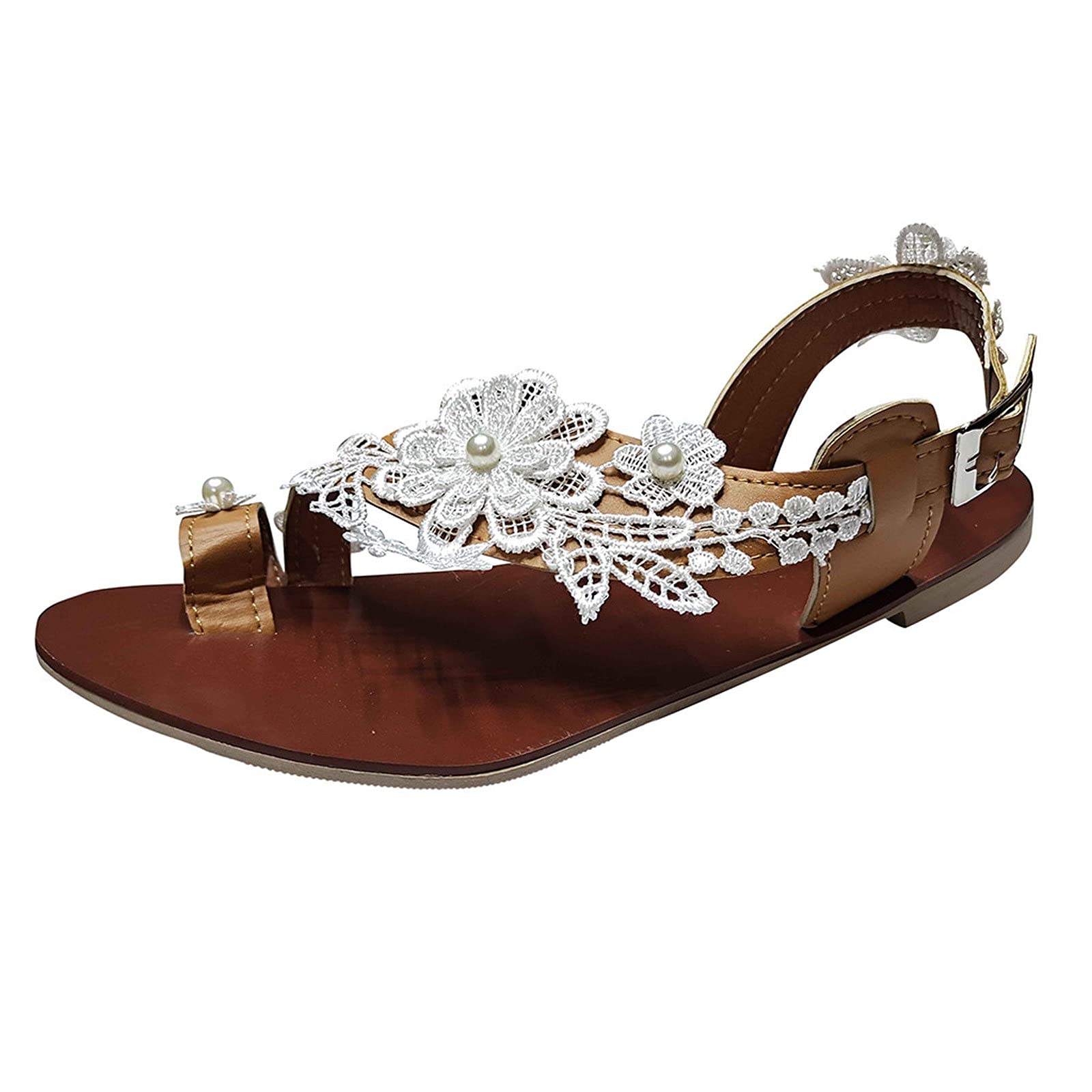 FAMOORE Women's Summer Lace Flower Open Toe Roman Sandals - Comfortable Casual Flats for Beach, Vacation & Everyday Wear