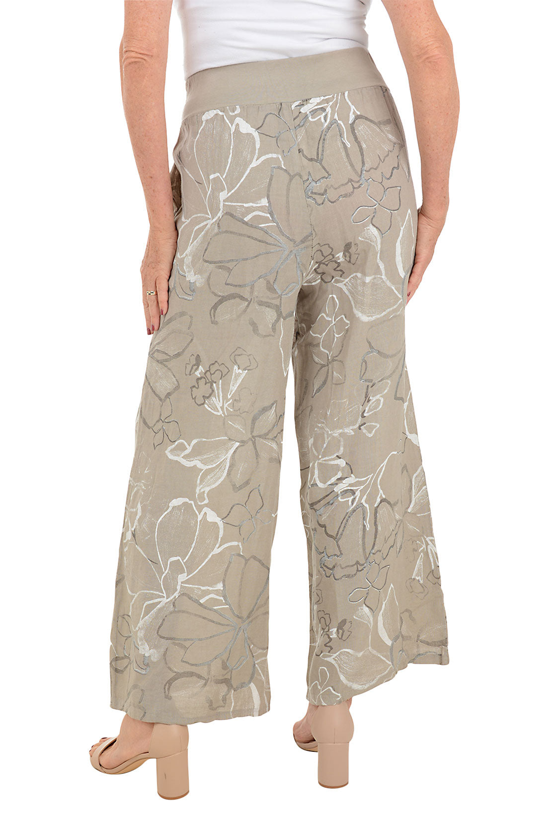 Taupe Floral Linen Palazzo Pants for Women - Comfortable Wide Leg Lounge Pants - Boho Chic Summer Beach Pants for Casual Wear & Vacation Outfits