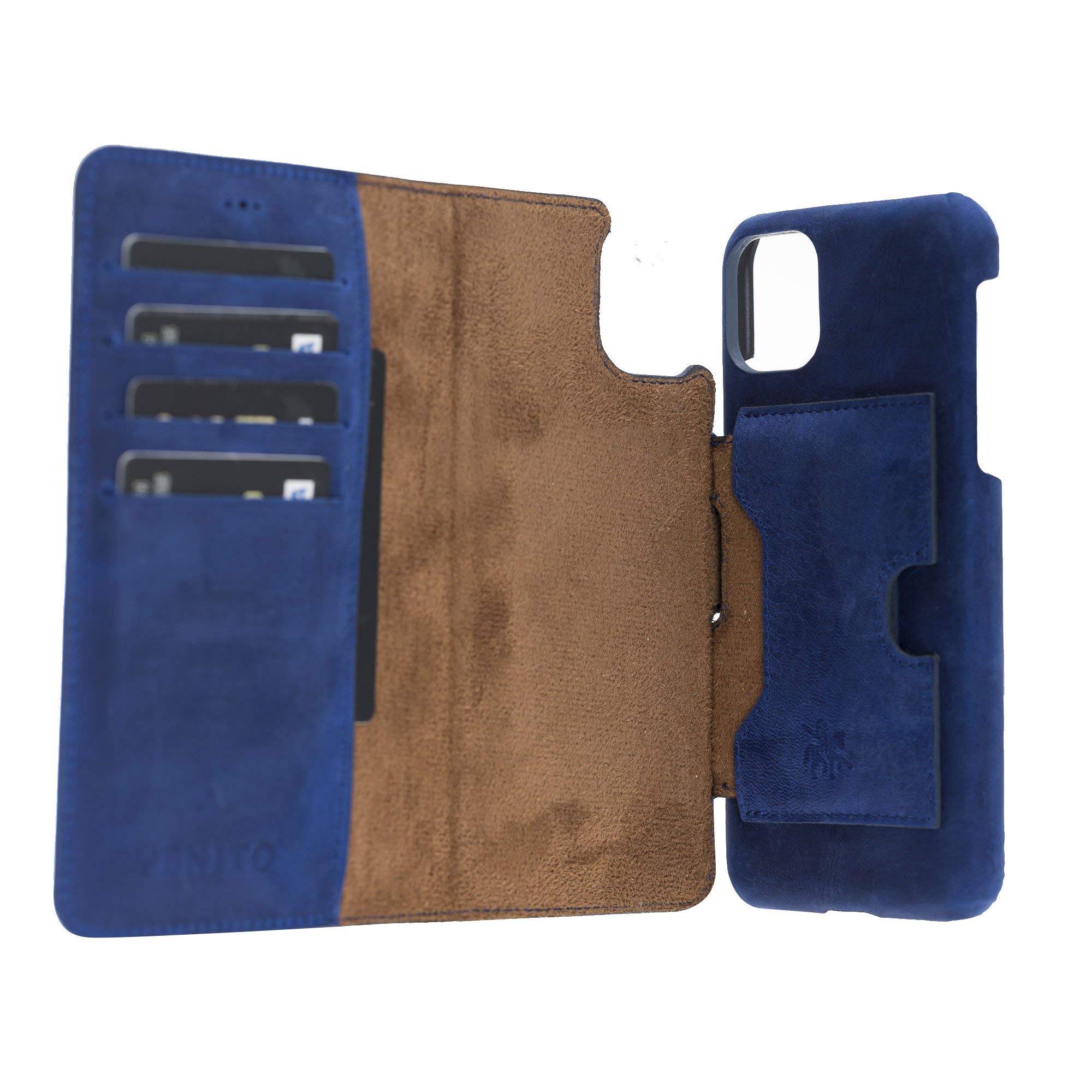 Venito Florence Genuine Leather Wallet Phone Case for iPhone 12/12 Pro (6.1 inch) - RFID Blocking Protection - Detachable Card Holder - Perfect for Travel, Shopping & Everyday Use (Antique Dark Blue)