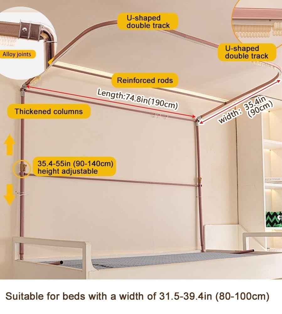 Bunk Bed Canopy Curtain Set with Frame - Top & Lower Bunk Bed Tent with Mosquito Net - Beige Loft Bed Curtains for Kids & Teens - Perfect for Dorm Rooms, Bedrooms & Sleepovers