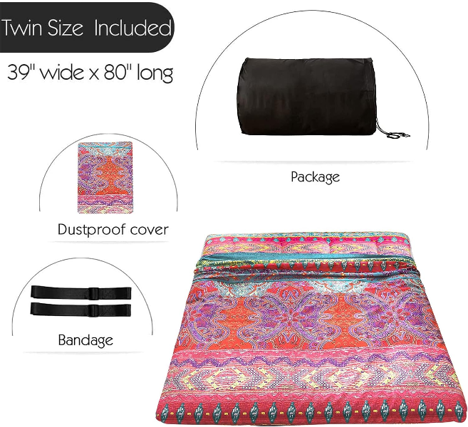 MAXYOYO Bohemian Retro Japanese Floor Mattress - Portable Roll Up Camping Mattress for Indoor/Outdoor Use - Perfect for Guest Beds, Yoga, Travel & Picnics