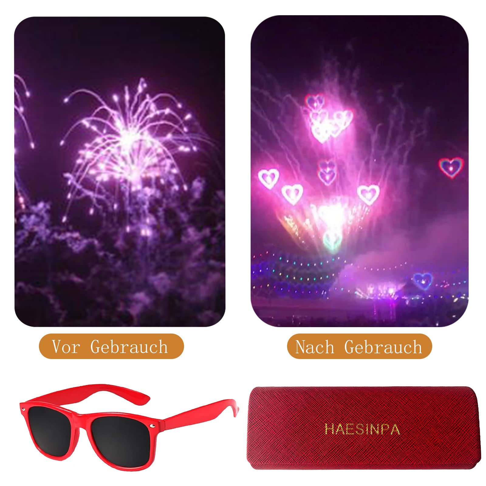Heart Effect Diffusion Glasses - Rainbow Prism Party Glasses with Protective Case (Square Frame, Red) for Raves, Concerts, Festivals & Light Shows