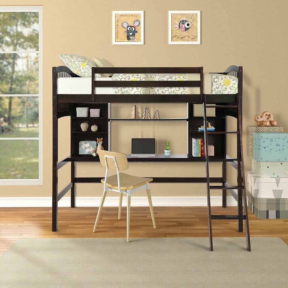 Twin Size Wood Loft Bed with Desk, Ladder & Storage Shelves - Heavy Duty Kids Bedroom Furniture for Small Spaces | Study, Sleep & Play Solution