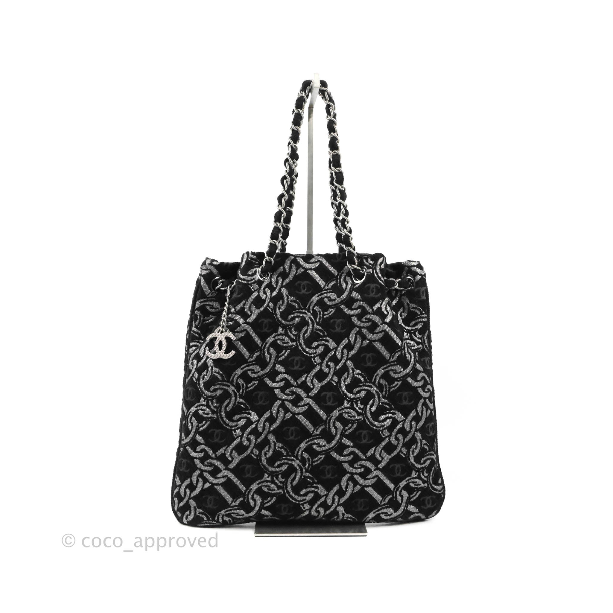Chanel CC Chain Print Tote Bag - Black/Silver Fabric with Gun Metal Hardware | Luxury Designer Handbag for Women, Perfect for Work, Travel & Everyday Use