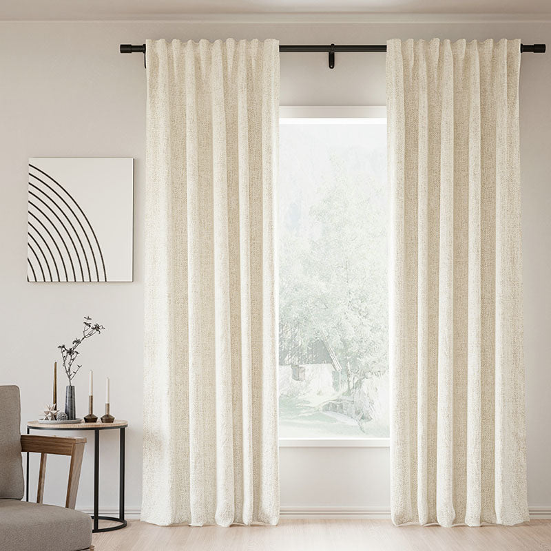 Blackout Curtains with Back Tab - 100% Linen, Memory Trained, Modern Khaki for Living Room & Bedroom | Noise Reducing & Light Blocking Window Drapes