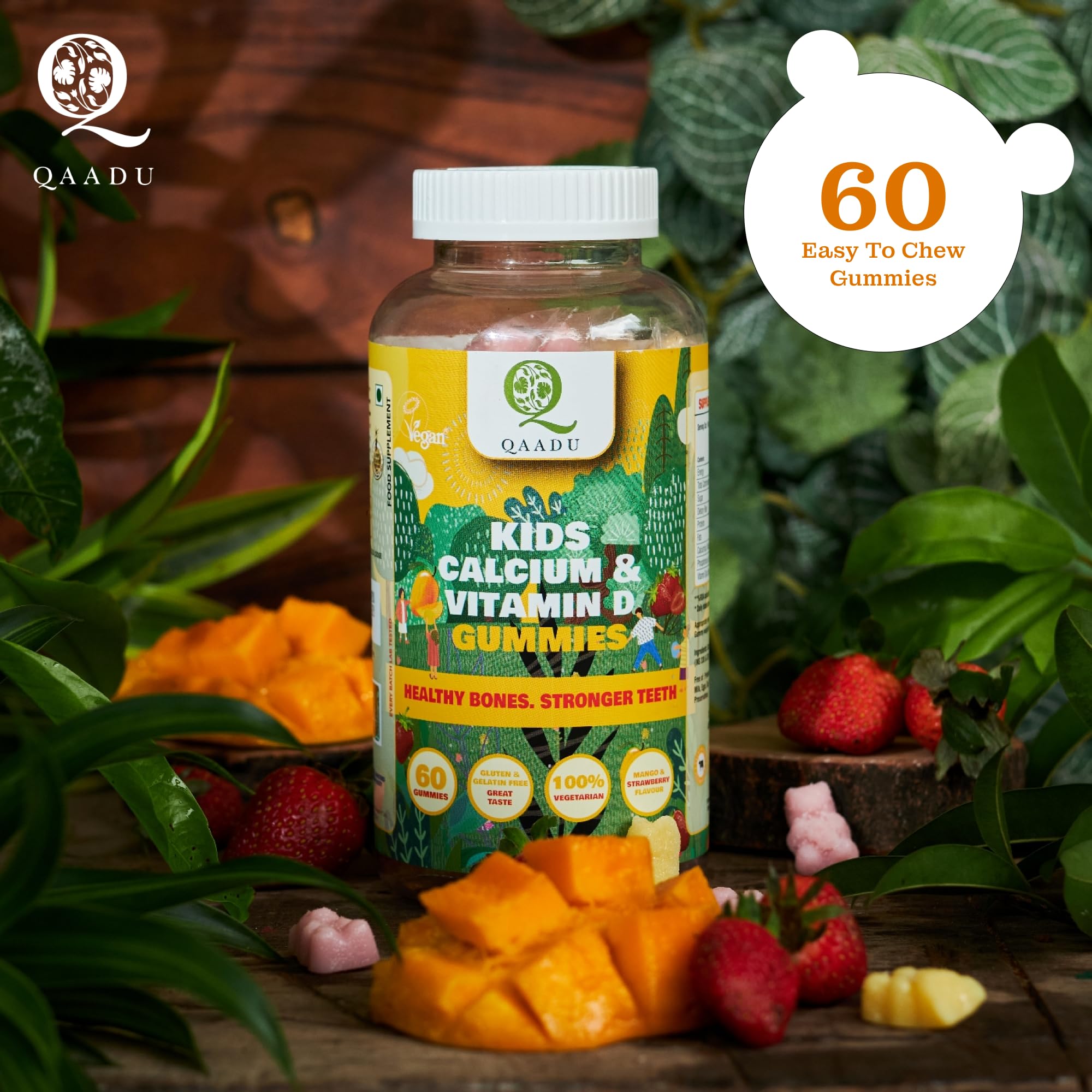 Kids Calcium & Vitamin D Gummies - Vegan Bone & Teeth Support for Healthy Growth | Delicious Mango Strawberry Flavor | 60 Chewable Gummies | UK Vegan Society Certified | Perfect for Picky Eaters & Daily Nutrition