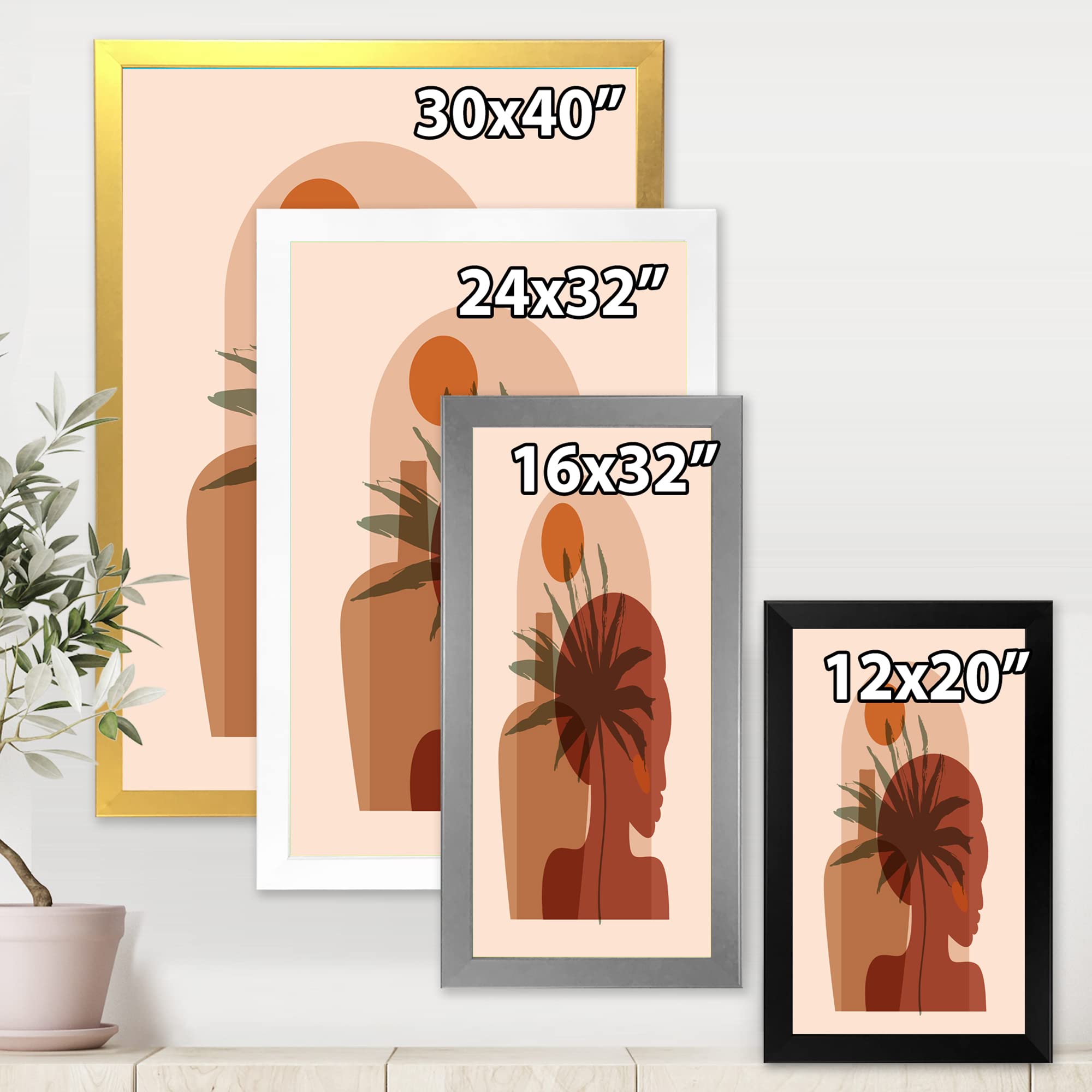 Abstract Tropical Palm Leaf & Pretty Girl Portrait Modern Framed Wall Art - Home & Office Decor for Living Room, Bedroom, Dining Area