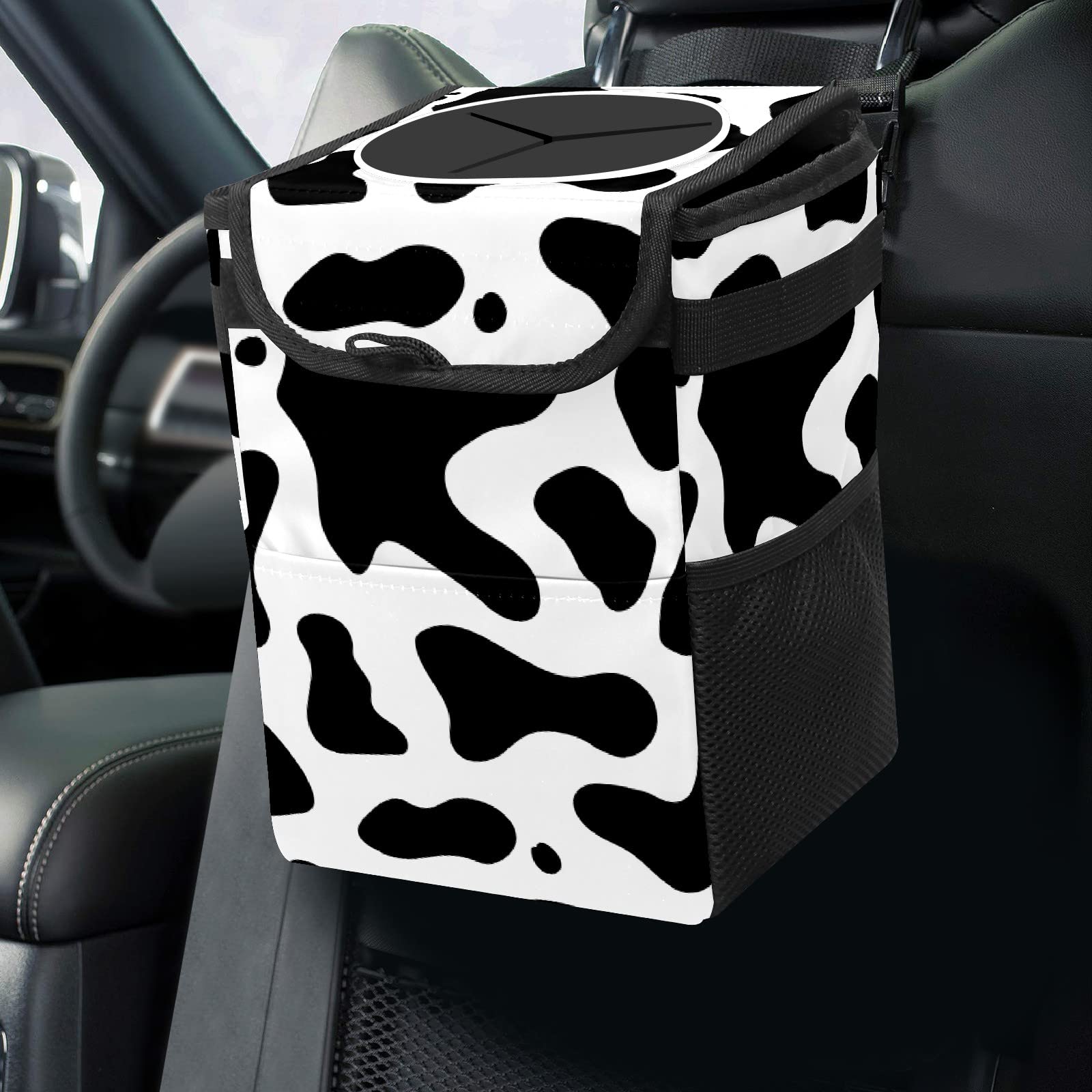 Western Black & White Cow Print Collapsible Car Trash Can with Lid - Reusable Waterproof Auto Garbage Bin for Car, Truck & SUV | Perfect for Road Trips, Commuting & Keeping Vehicle Interior Clean